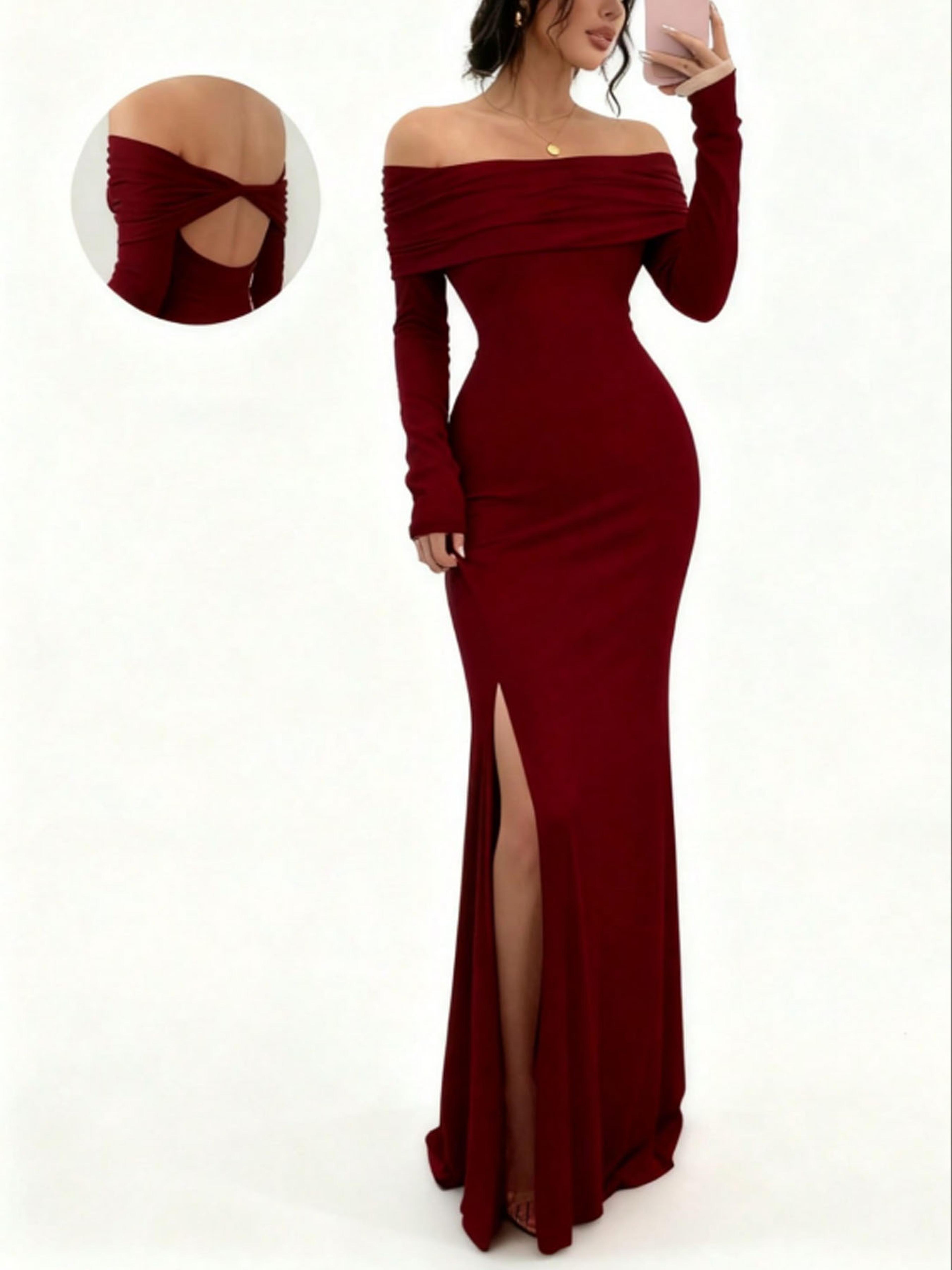 chic figure-hugging midi, women's off-shoulder bodycon dress, long sleeve high slit bandage dress