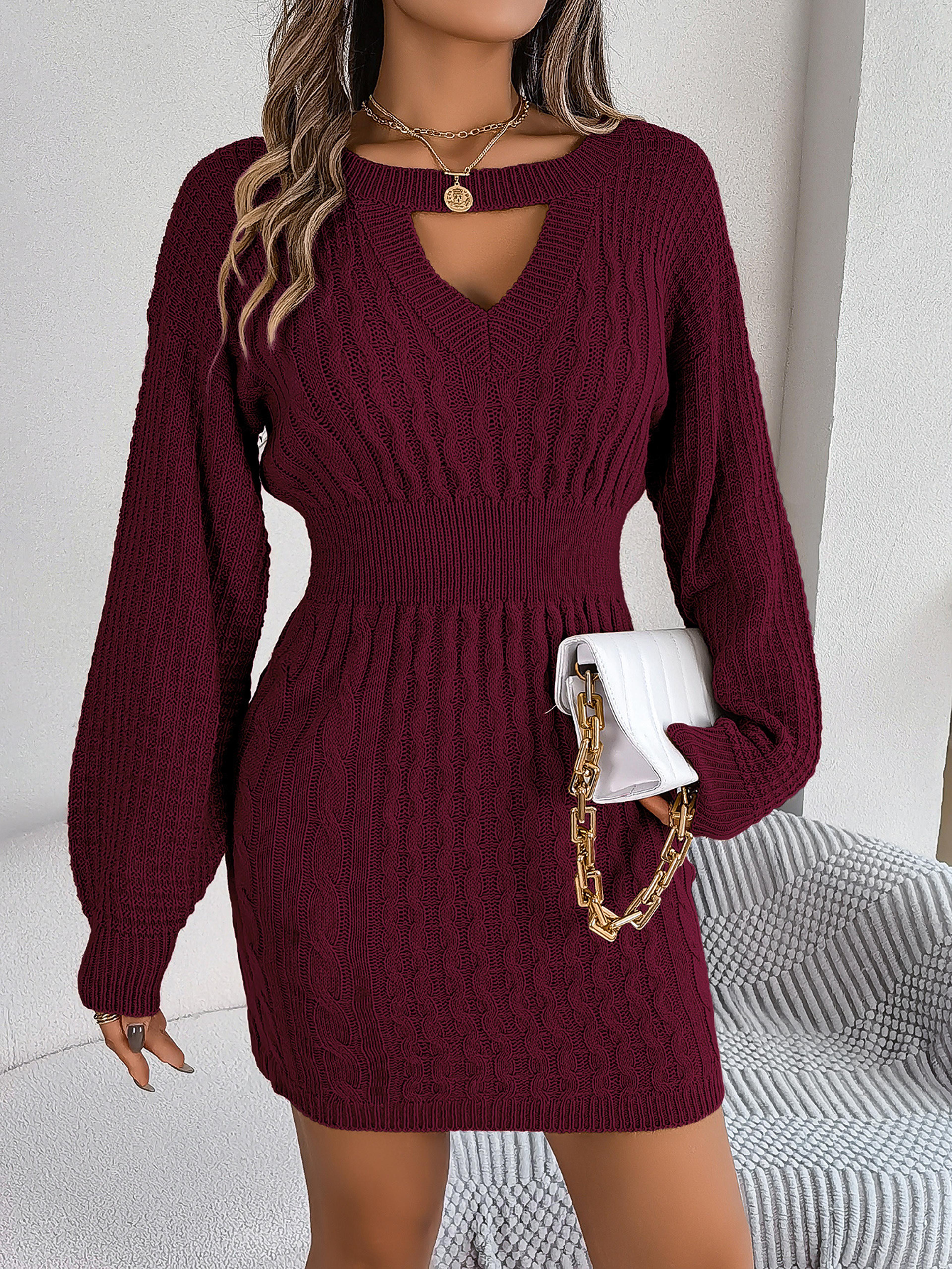 solid color woolen dress for autumn winter with lantern sleeve o-neck knitted dresses women fashion casual