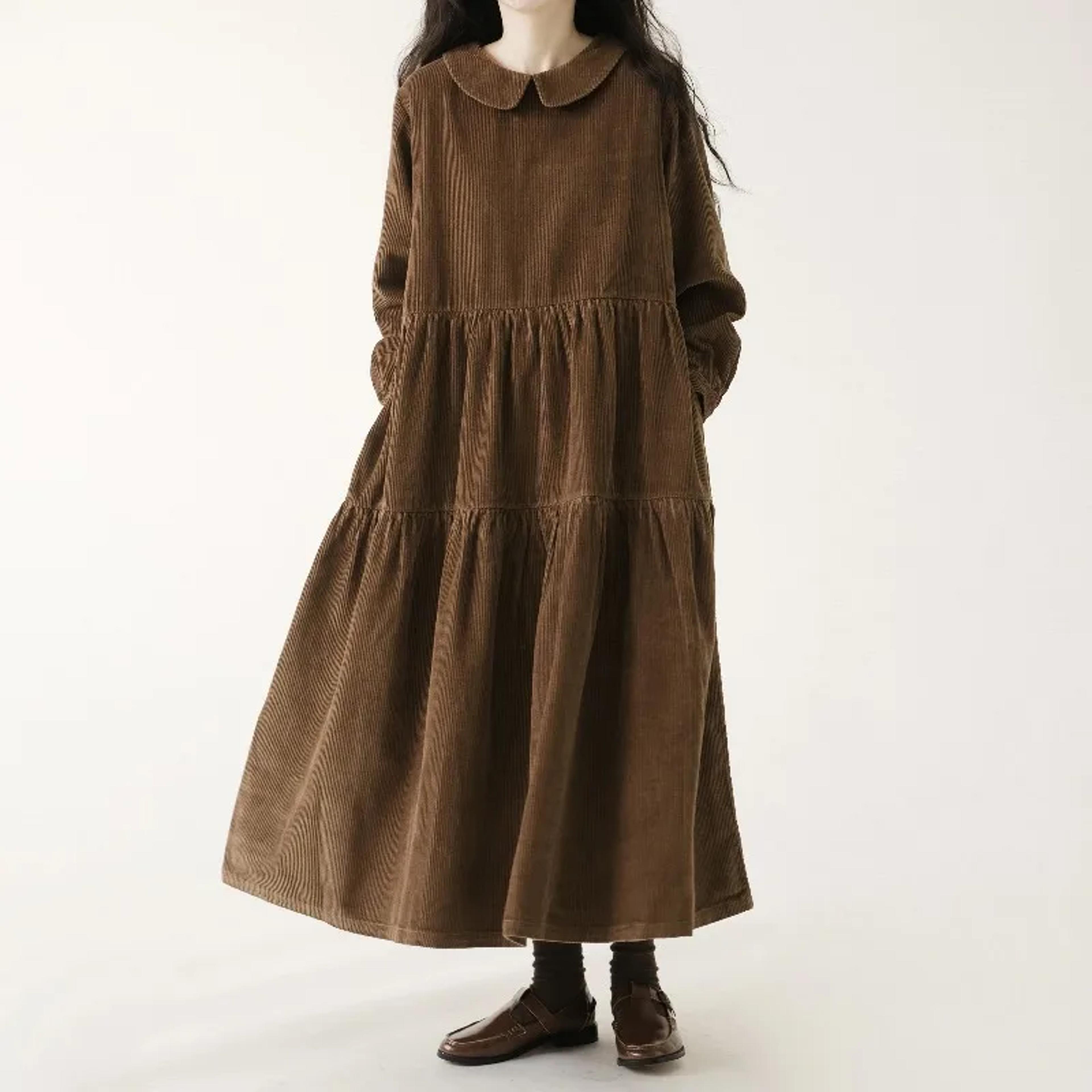 casual dresses fashion female vestidos, long sleeve a-line autumn winter corduroy dress