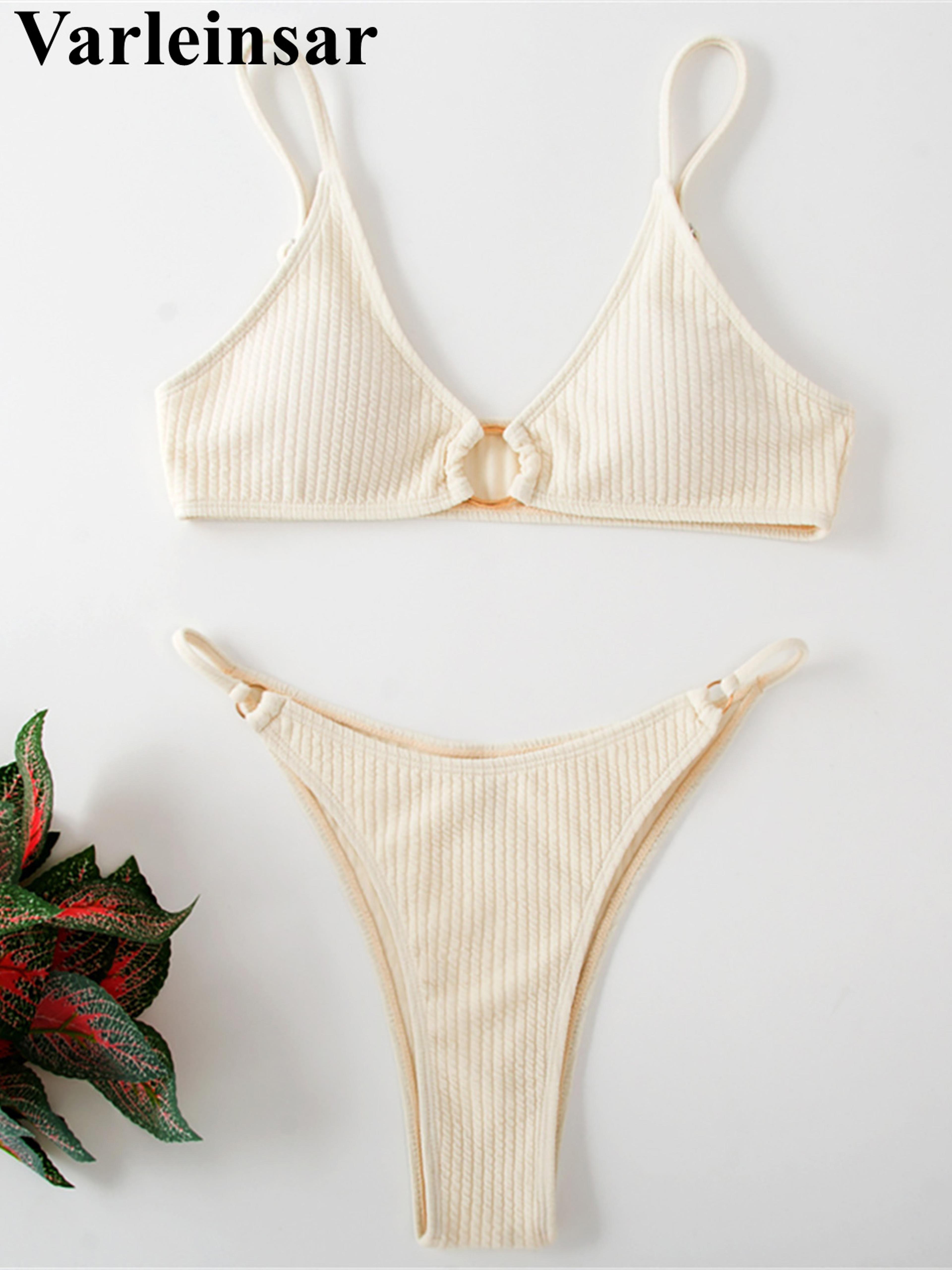 riviera chic ribbed bikini set with metal ring detail and high cut bottom