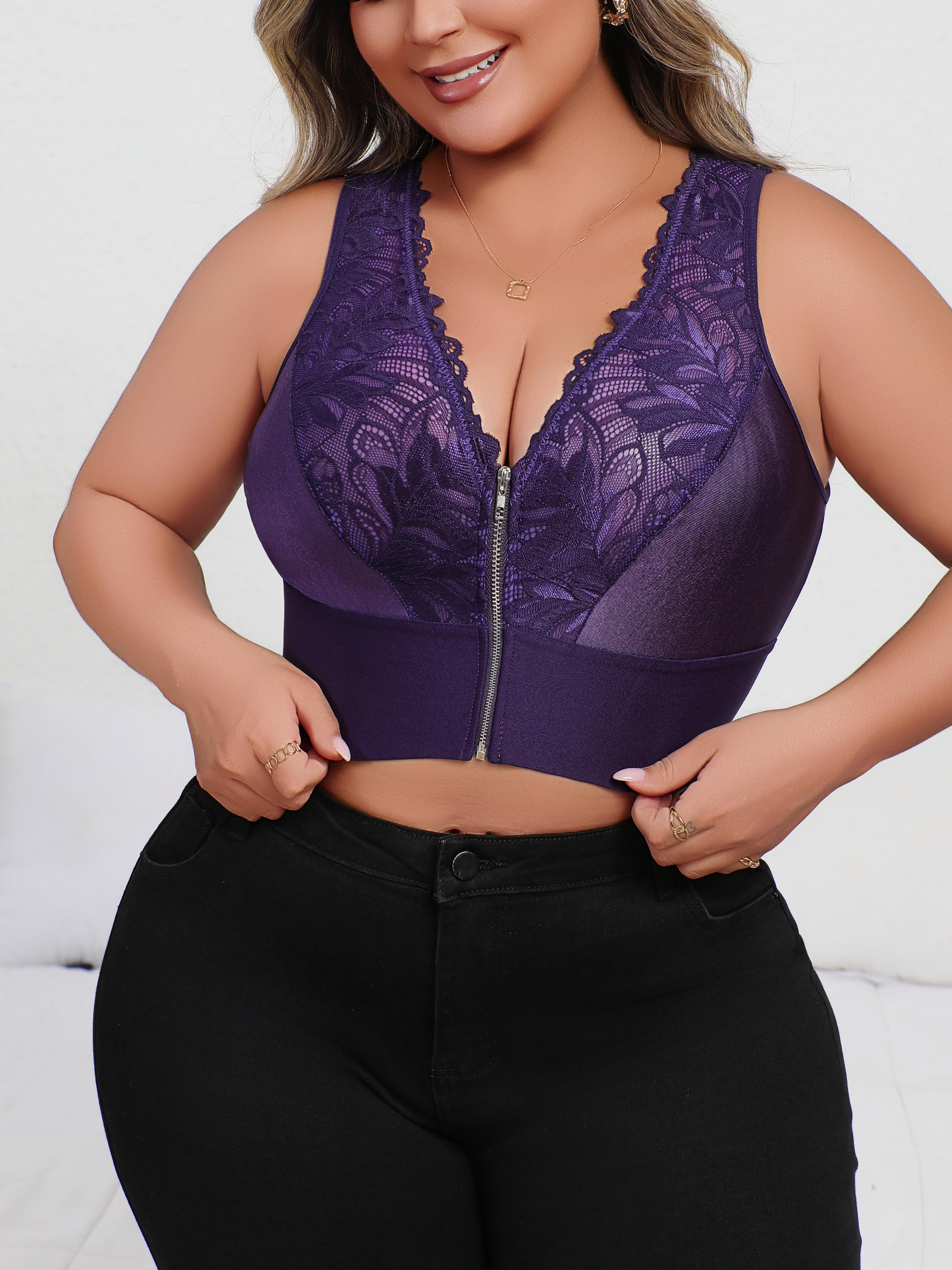 purple plus size embroidered front closure plunge push up bra