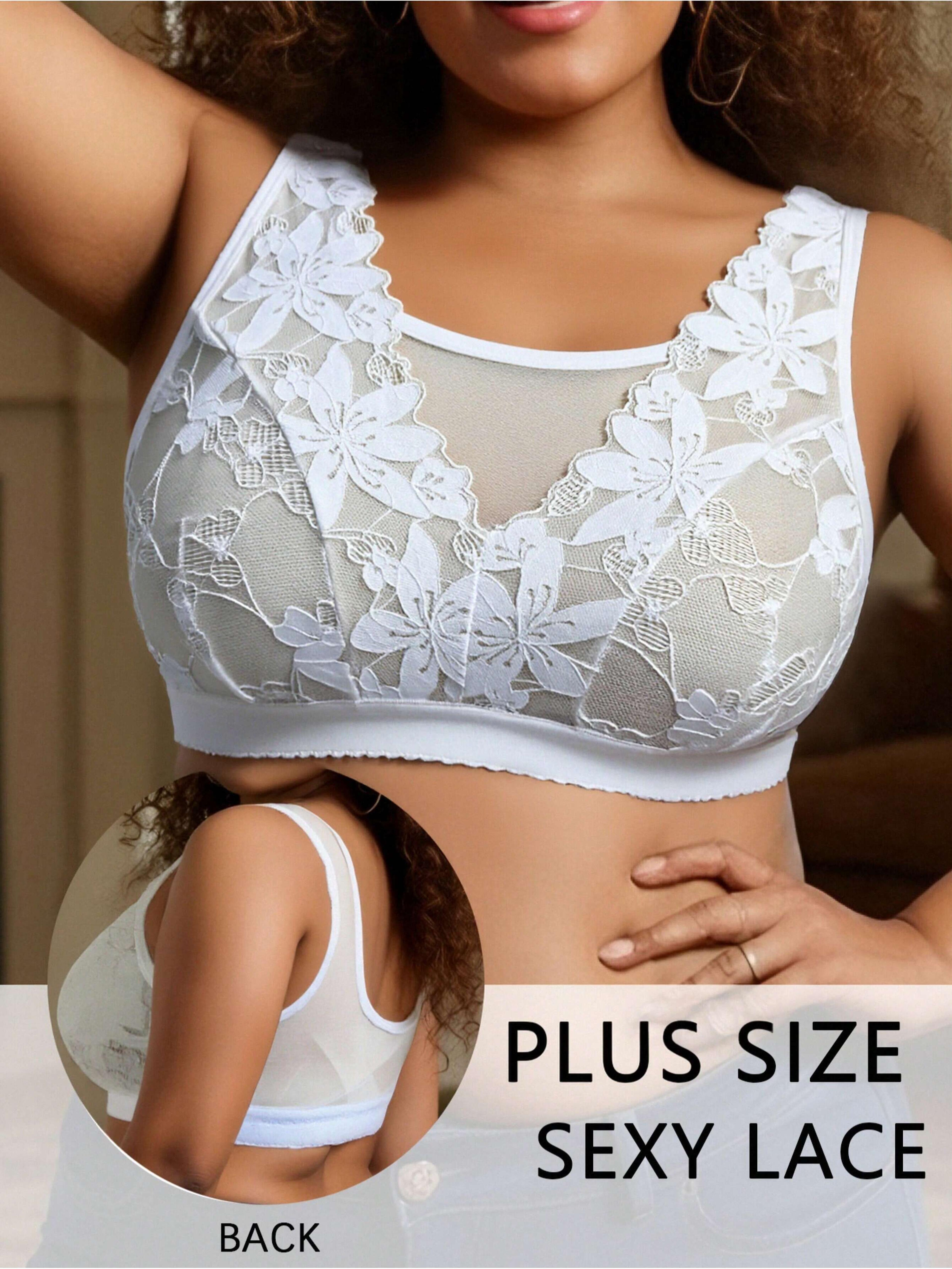 comfortcurve plus size white floral lace bralette – wireless comfort & breathable wide strap support