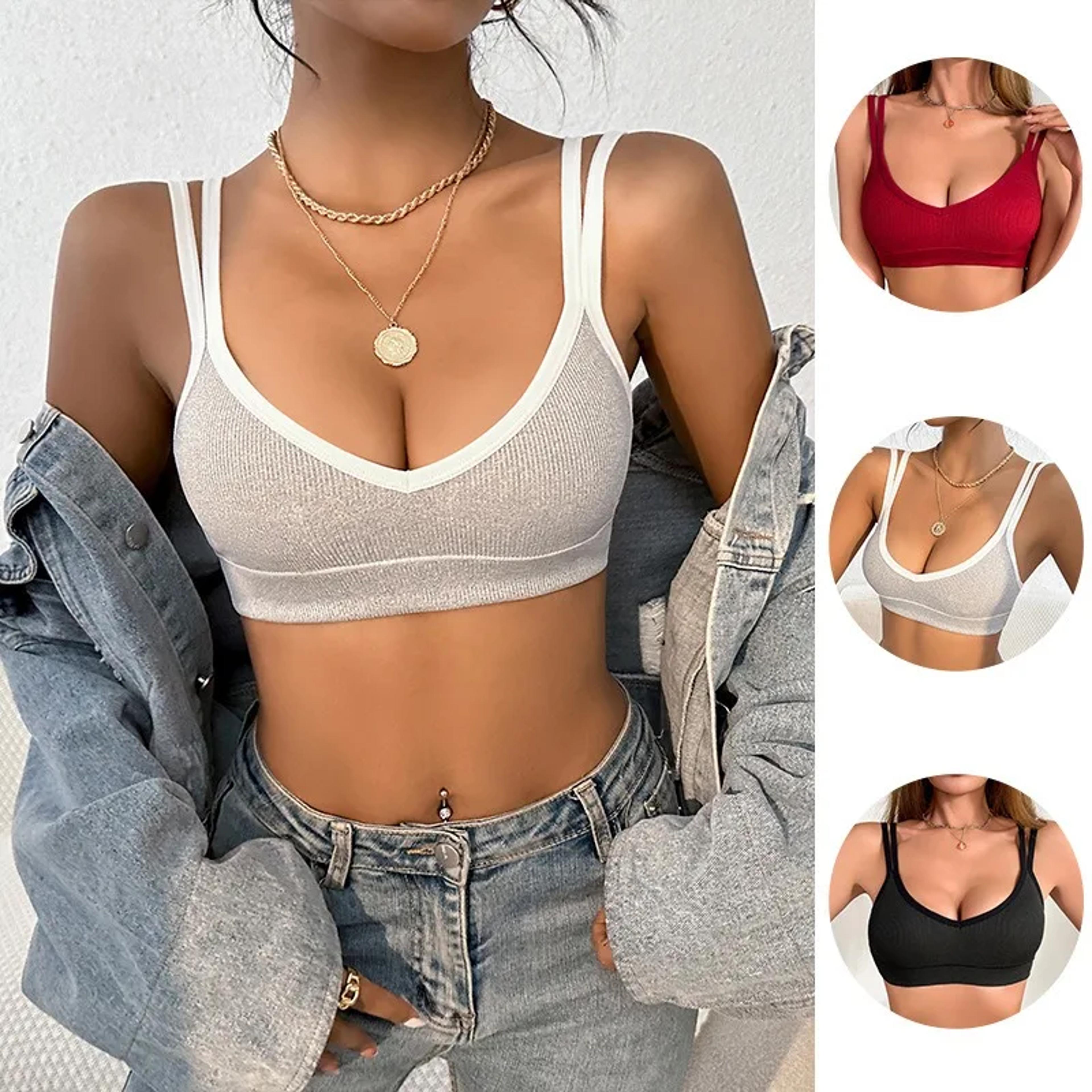 womens ribbed wireless bra with breathable comfort & split strap design – everyday support