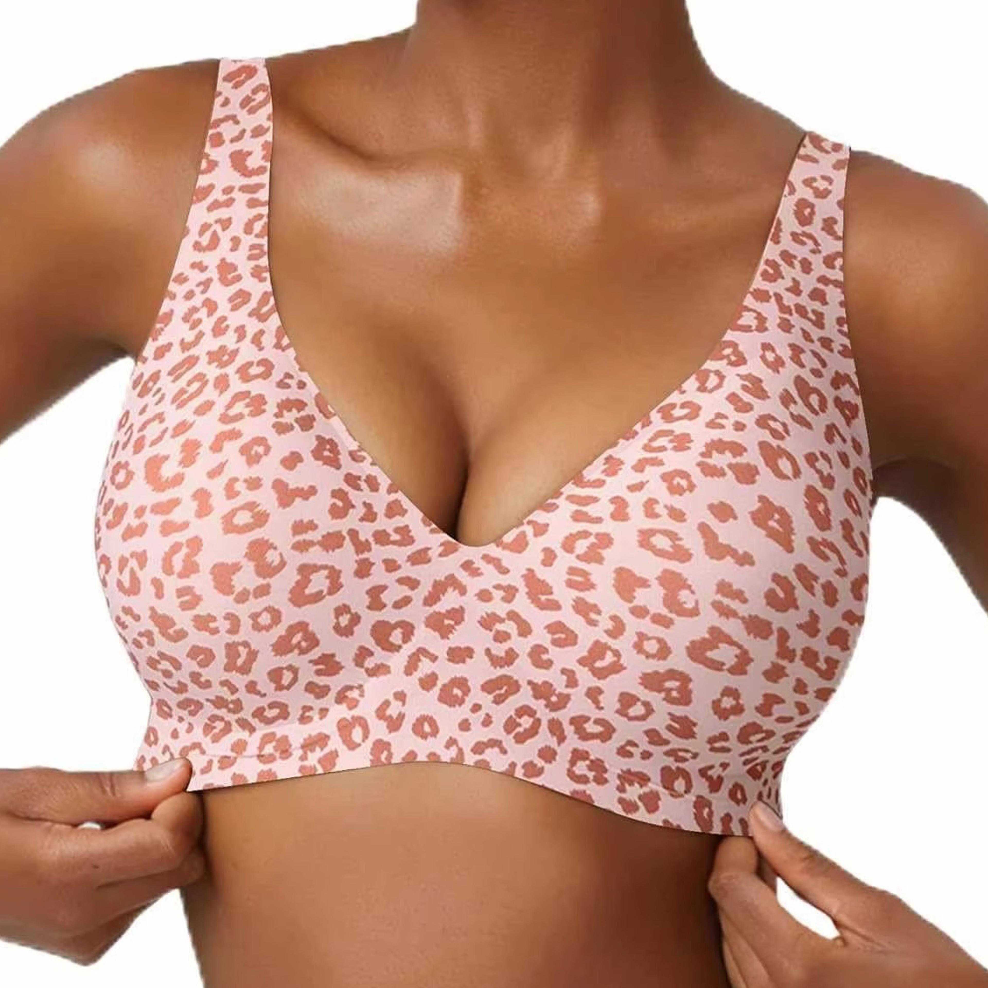 premium seamless pink leopard print full cup wire free bra – breathable comfort & stylish support