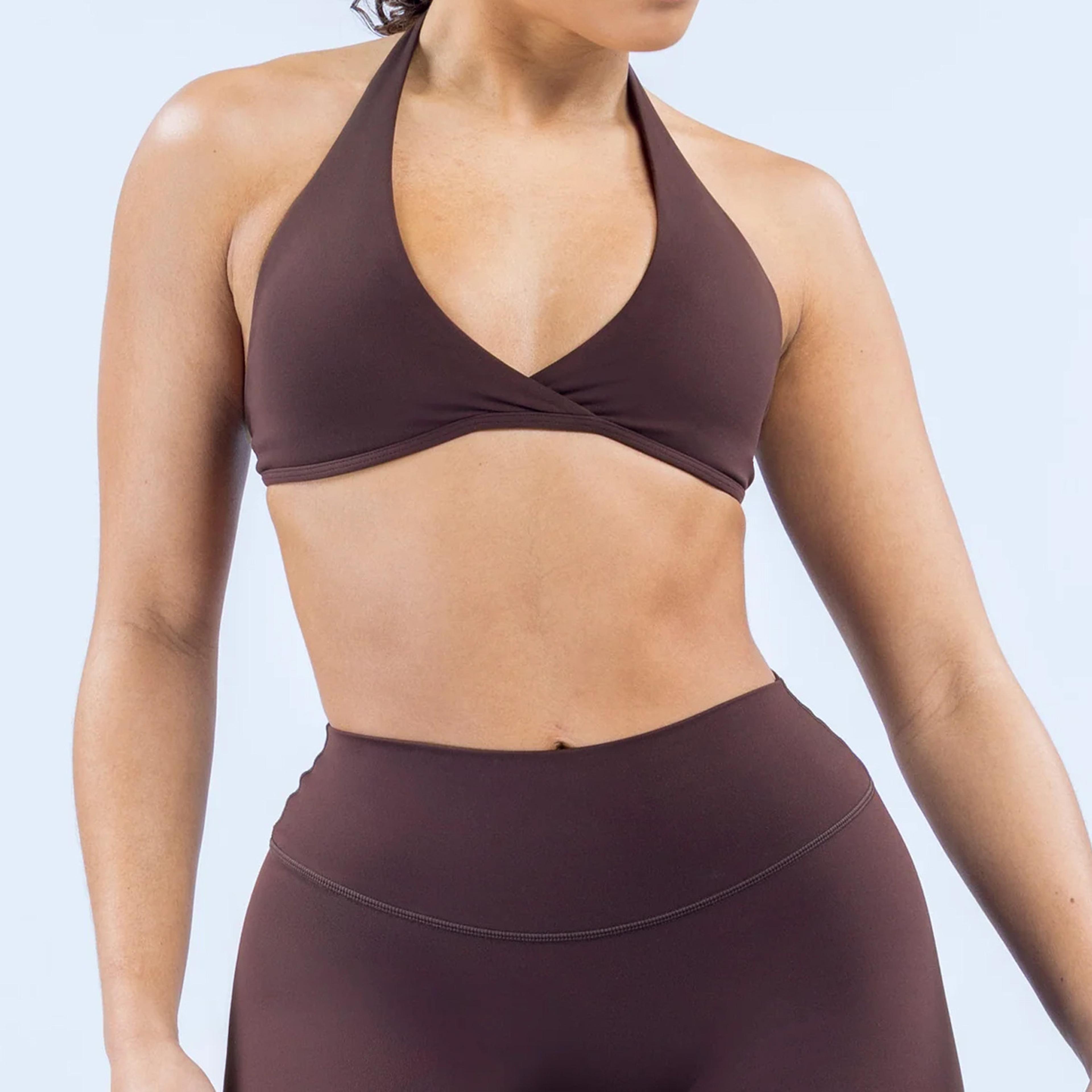 v neck halter sports bra with open back and removable pads