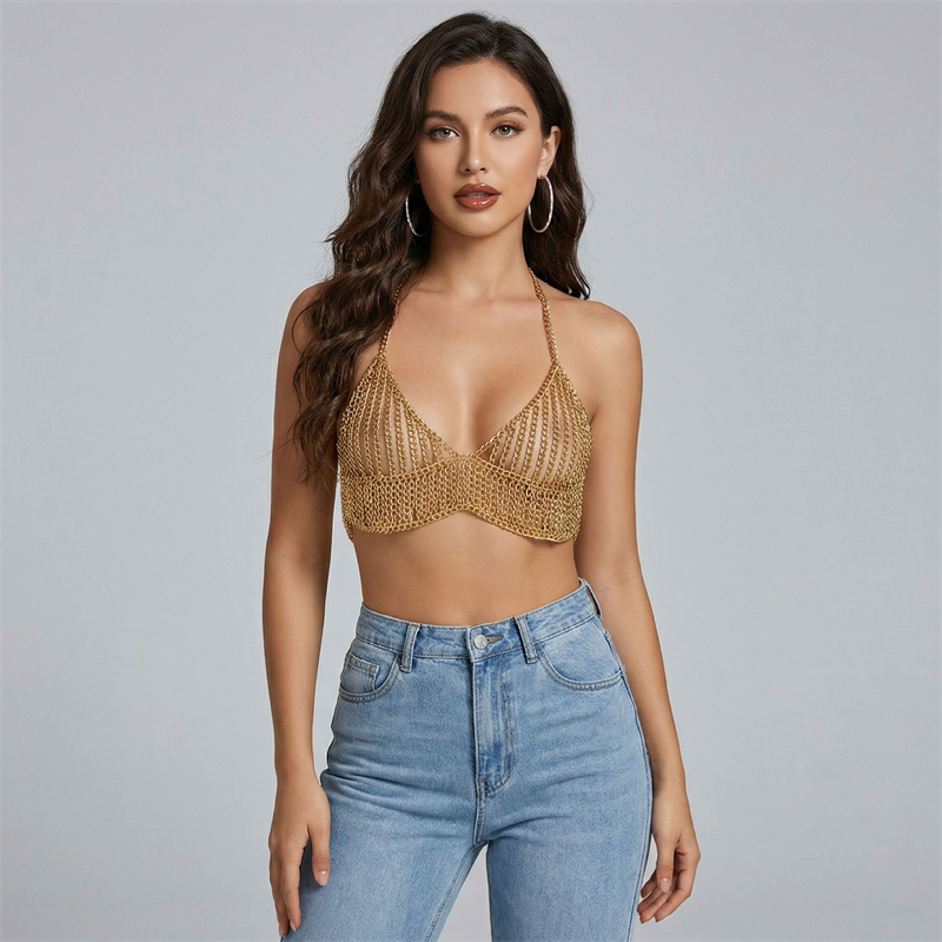 gold chainmail halter crop top for beach parties and clubwear