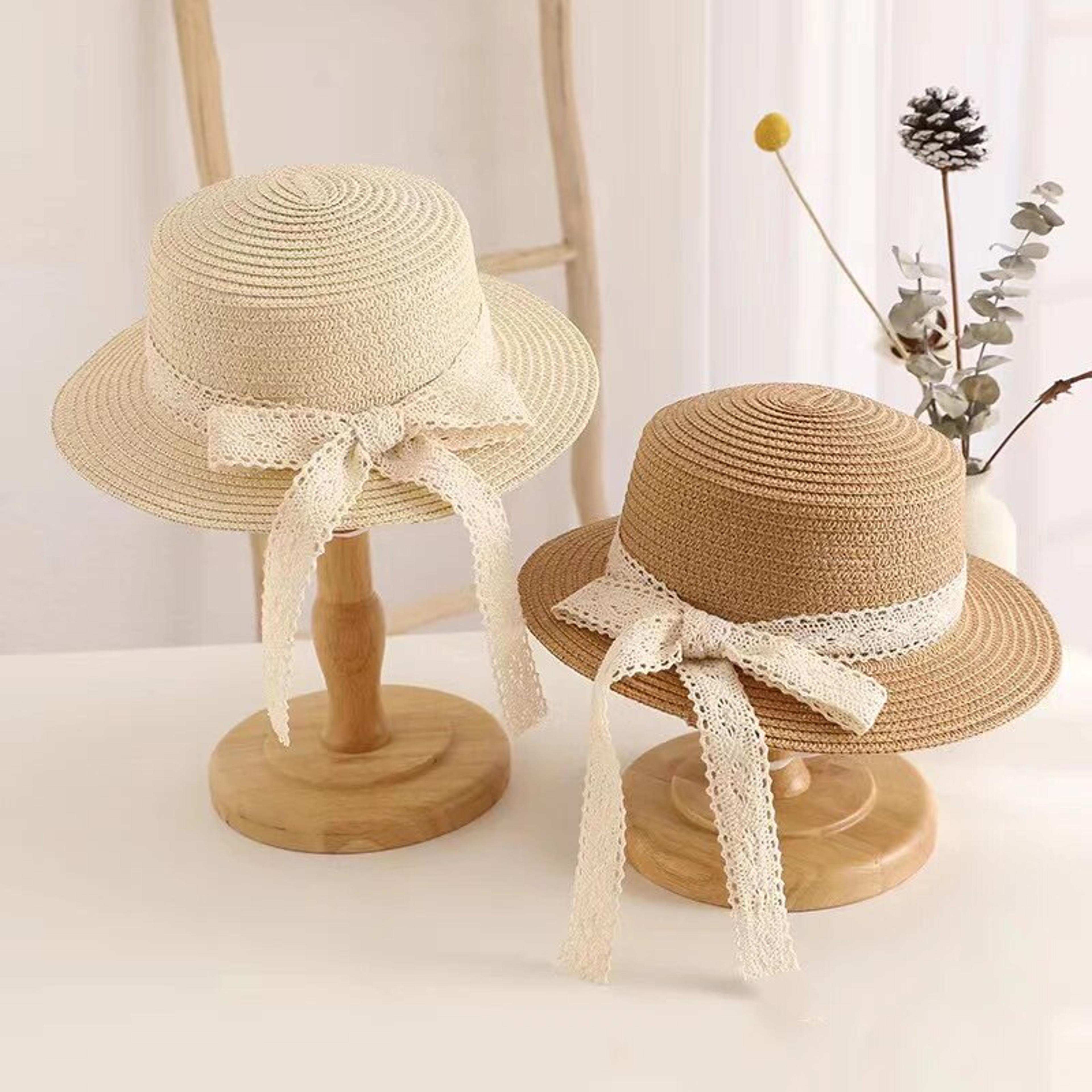 girls straw hat with bow streamer, breathable kids sun hat for summer travel