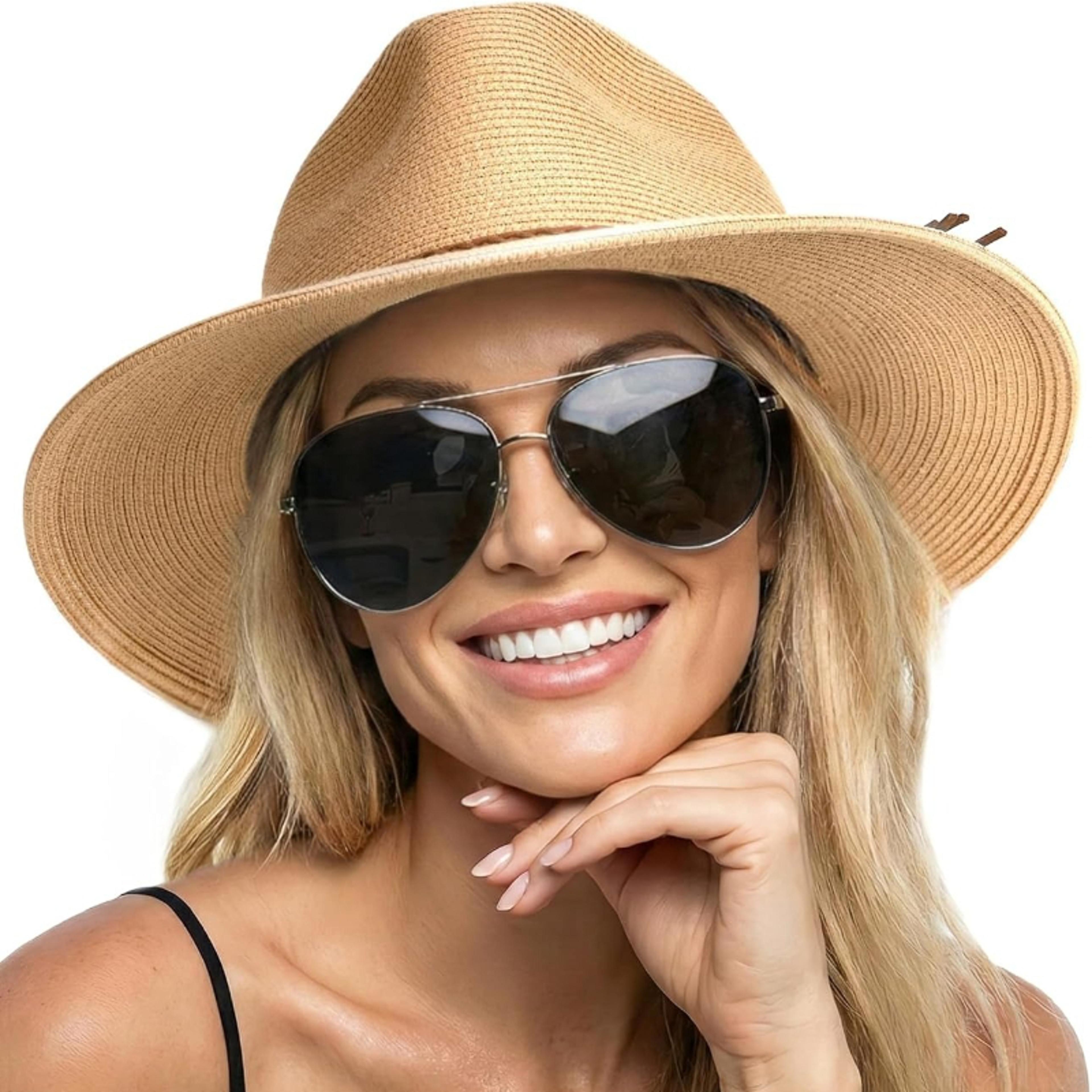 womens upf wide brim straw sun hat foldable beach travel fedora