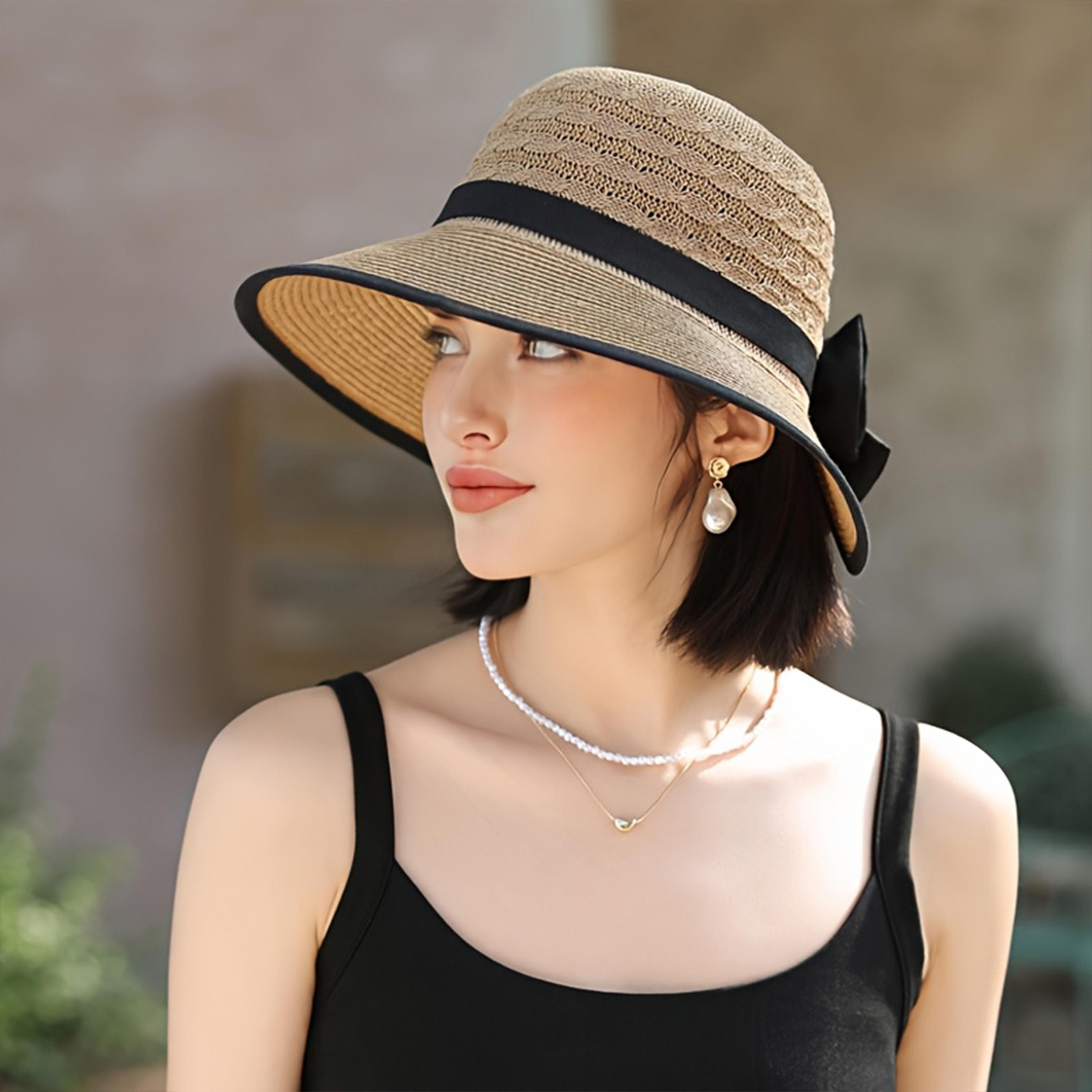 womens wide brim straw sun hat with elegant bowknot