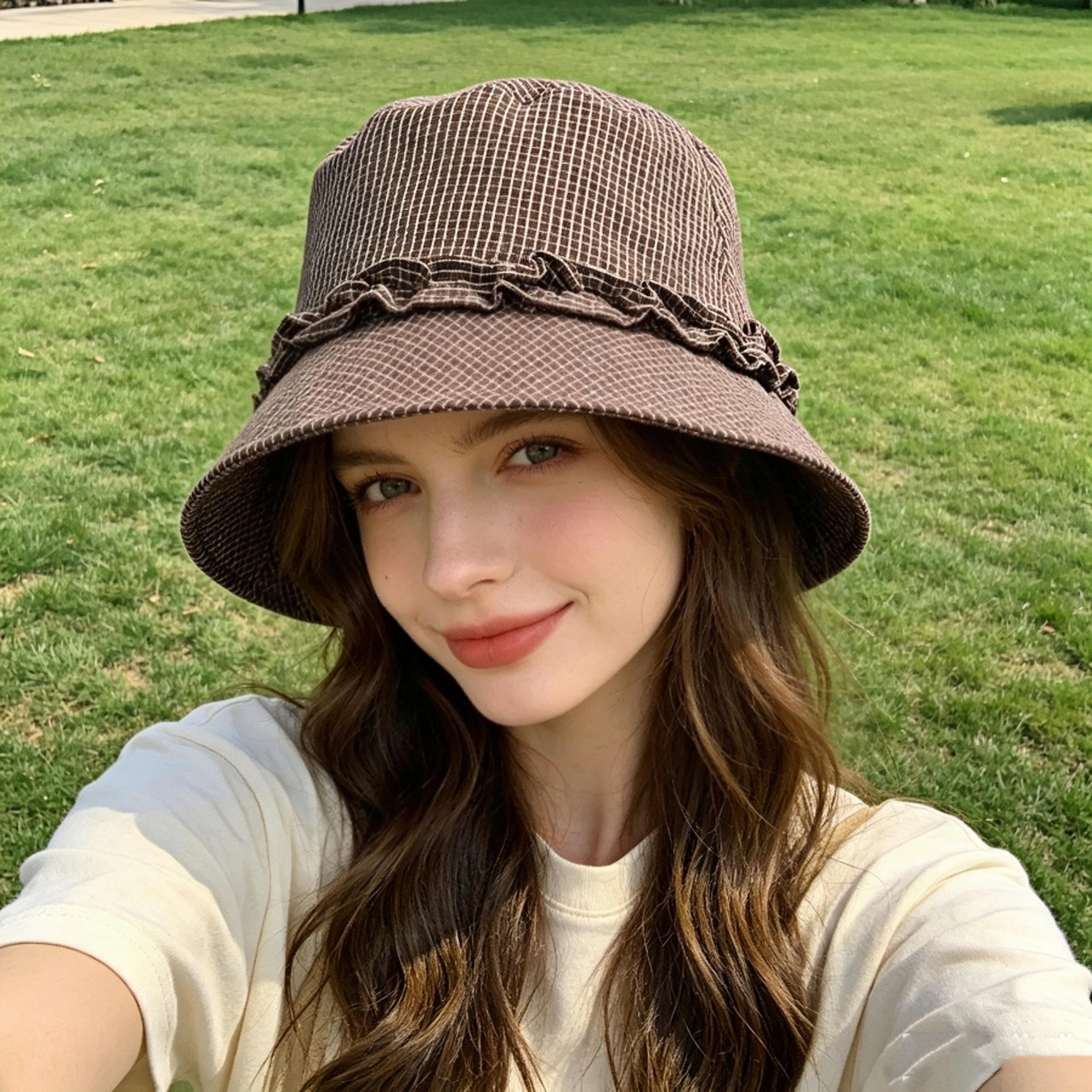 plaid lace trim wide brim sun hat for women