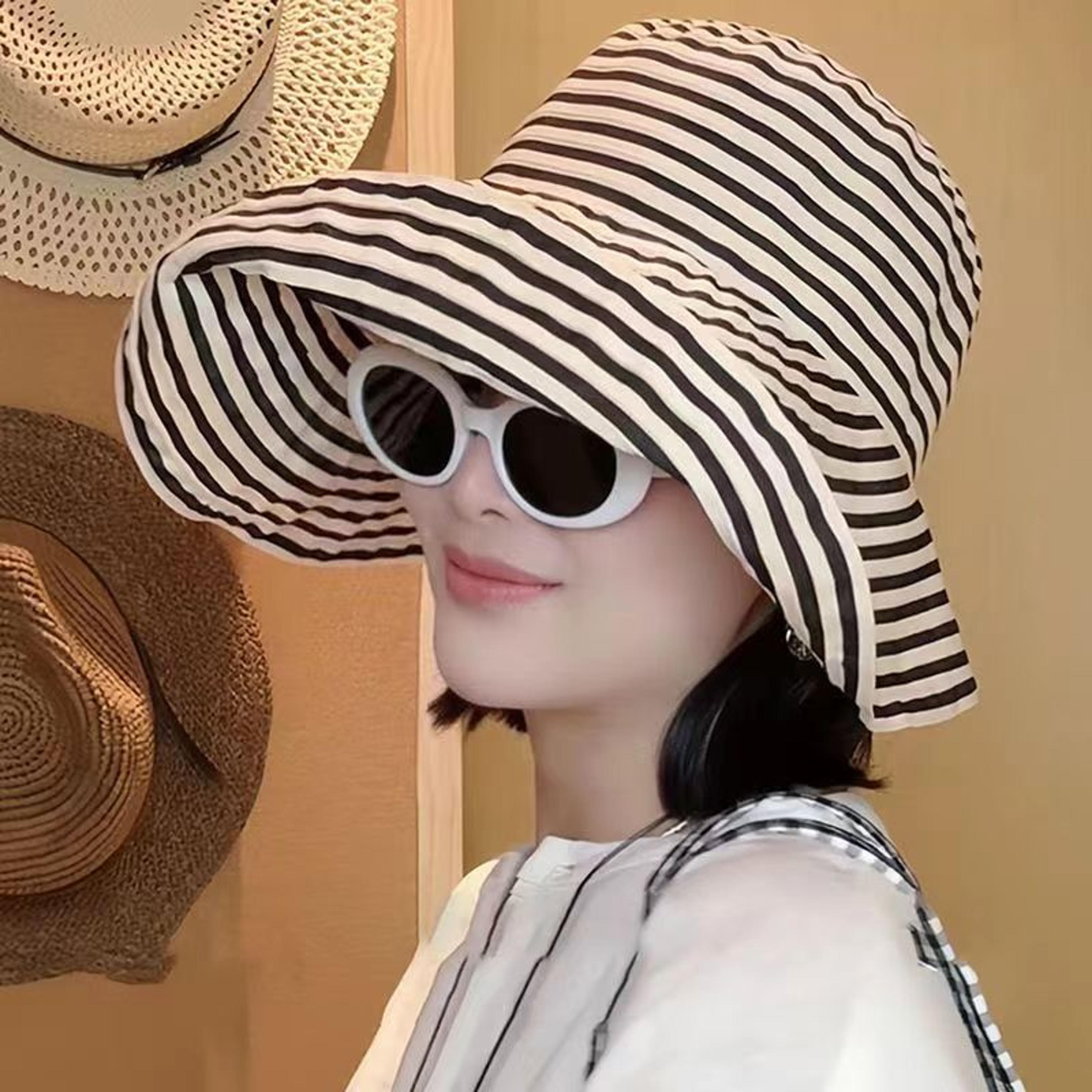 foldable striped wide brim sun hat for beach travel