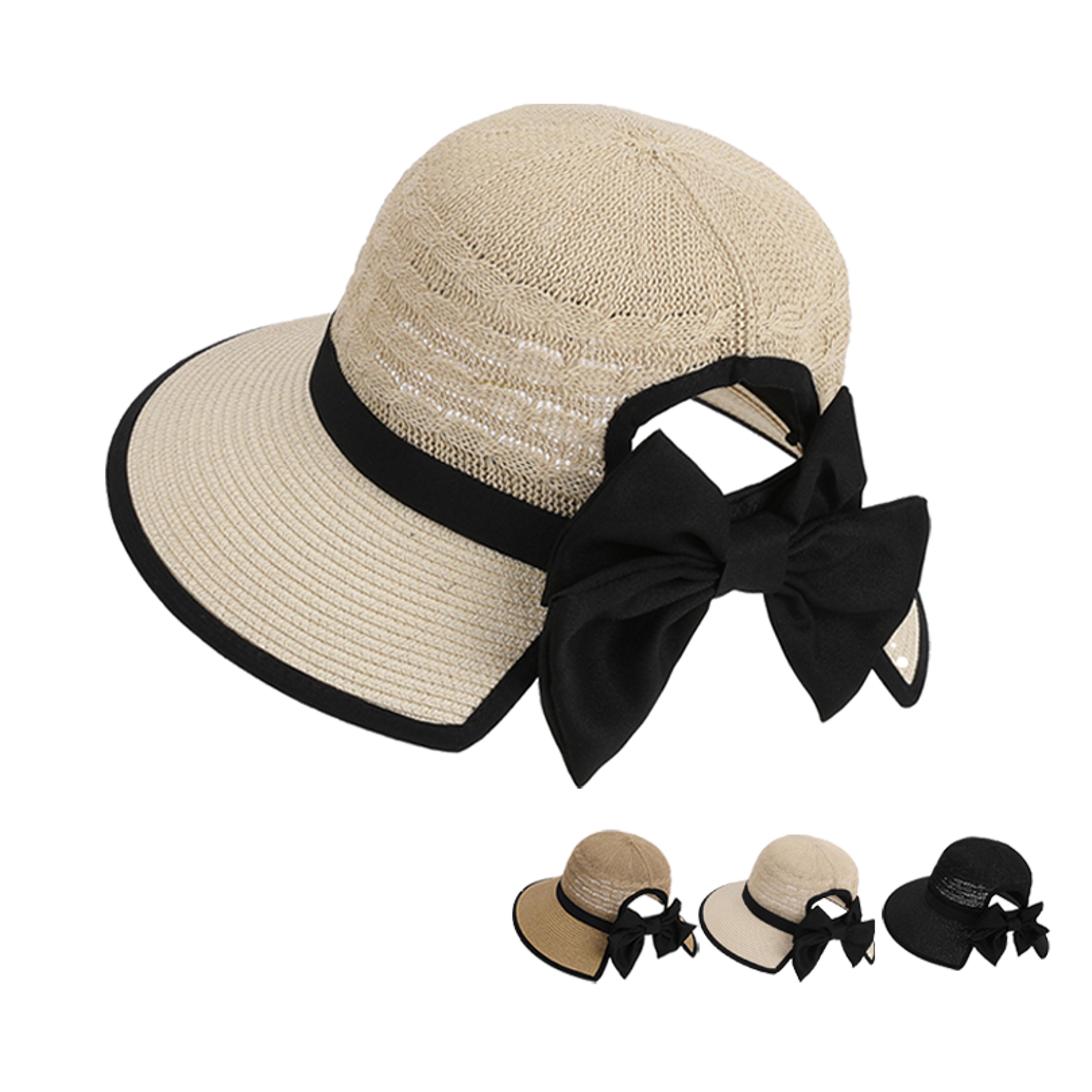 girls bow ponytail straw sun hat wide brim summer beach hat