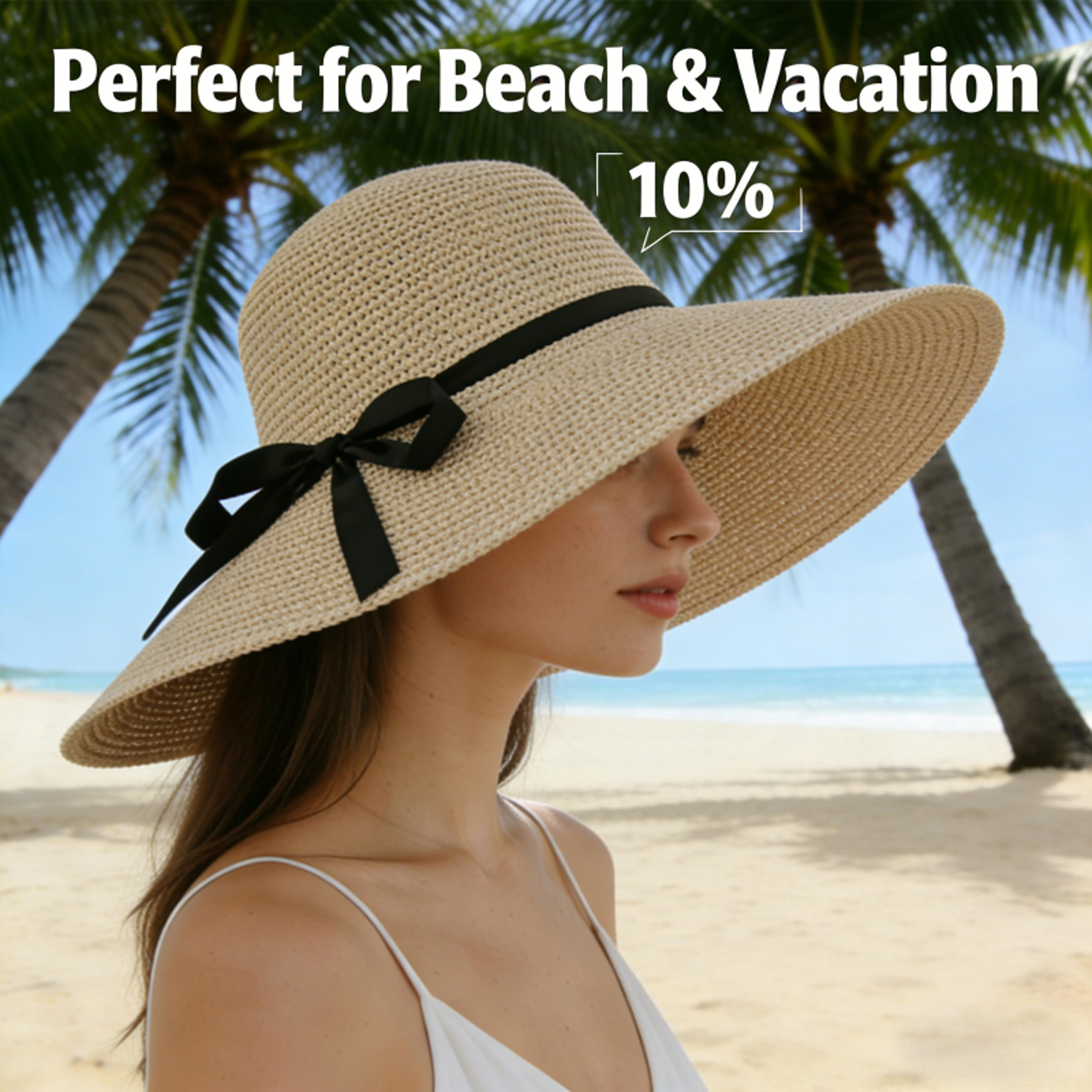 foldable wide brim straw hat for women with bow beach sun hat