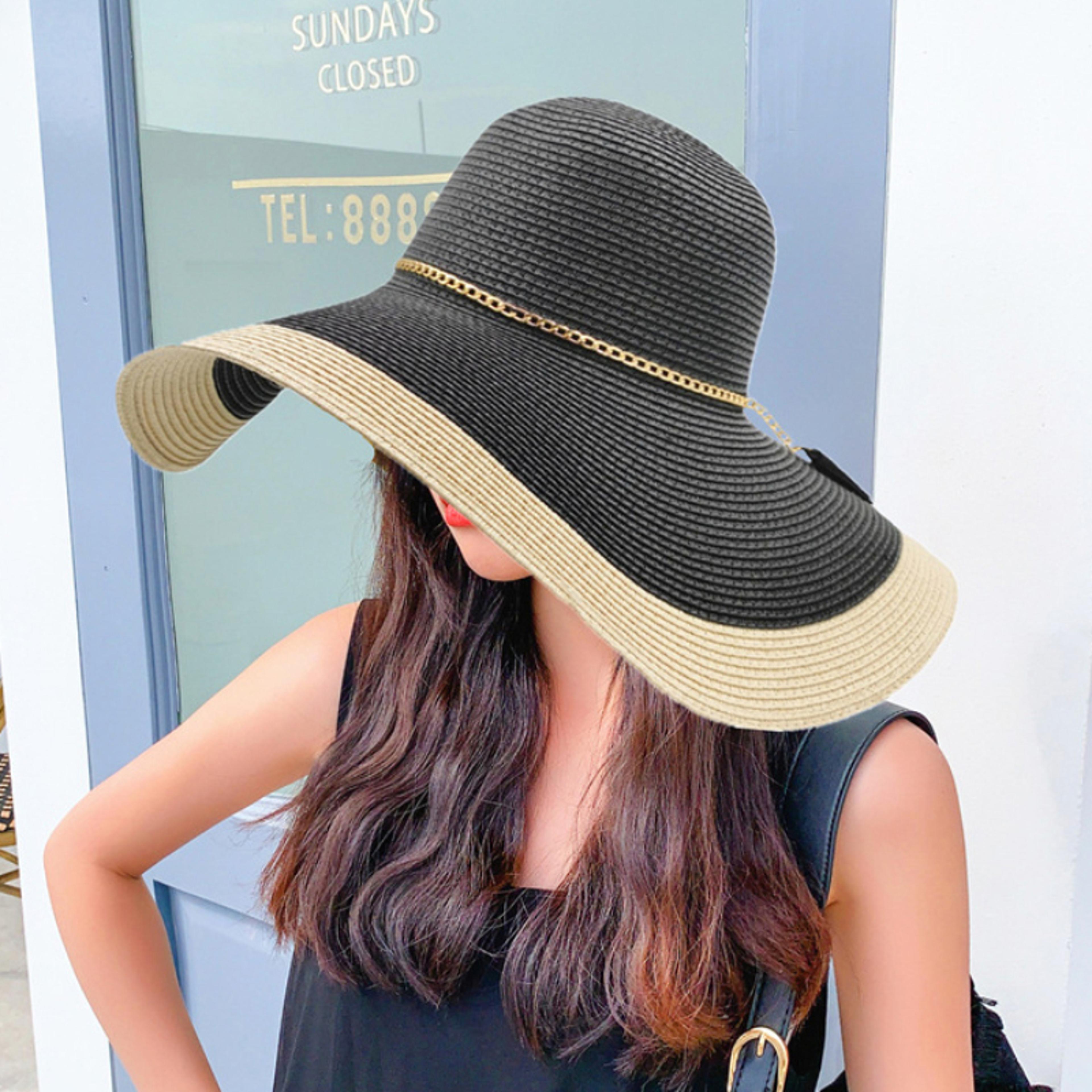 womens wide brim packable straw beach hat with uv sun protection