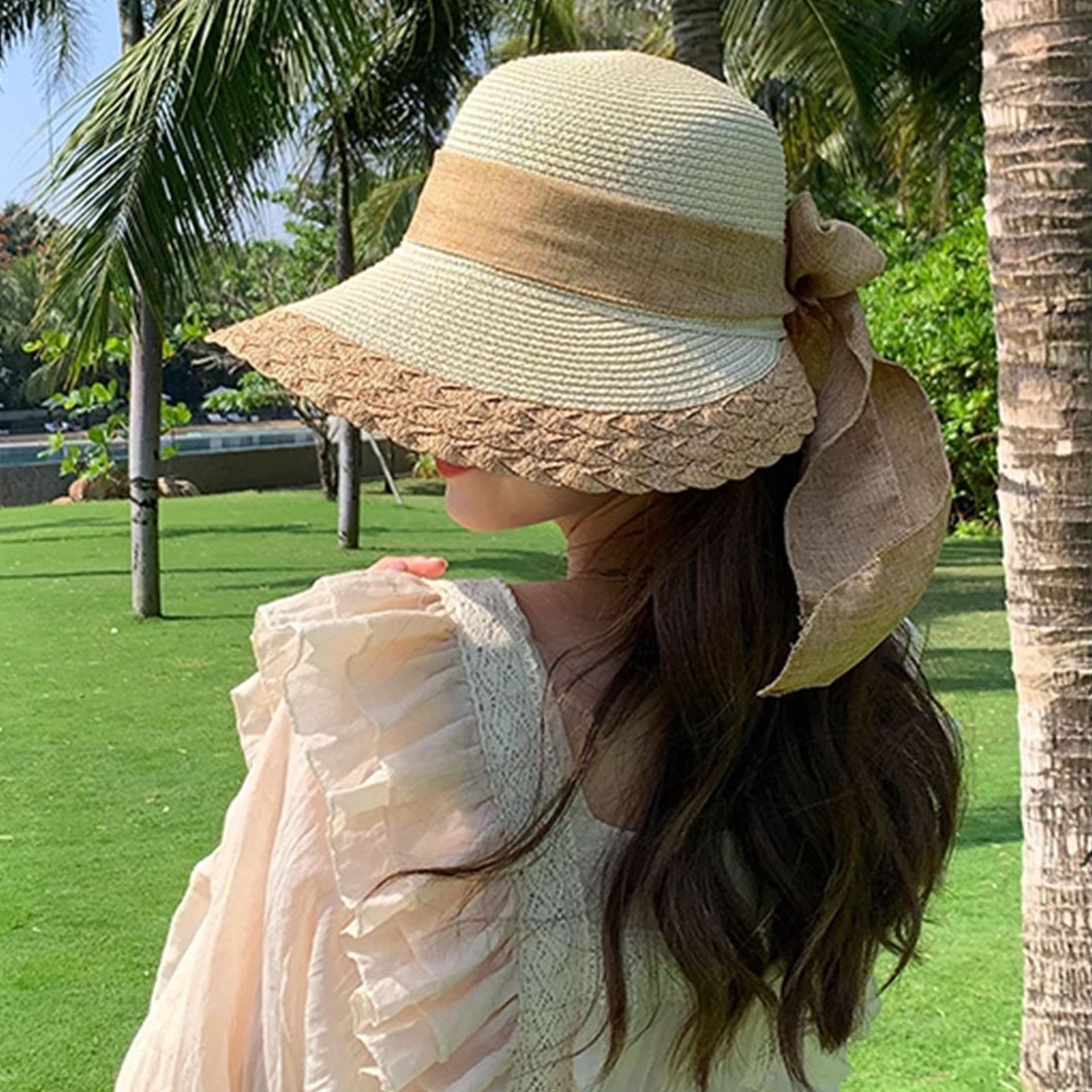 women wide brim straw hat with lace edge bowknot beach sun cap