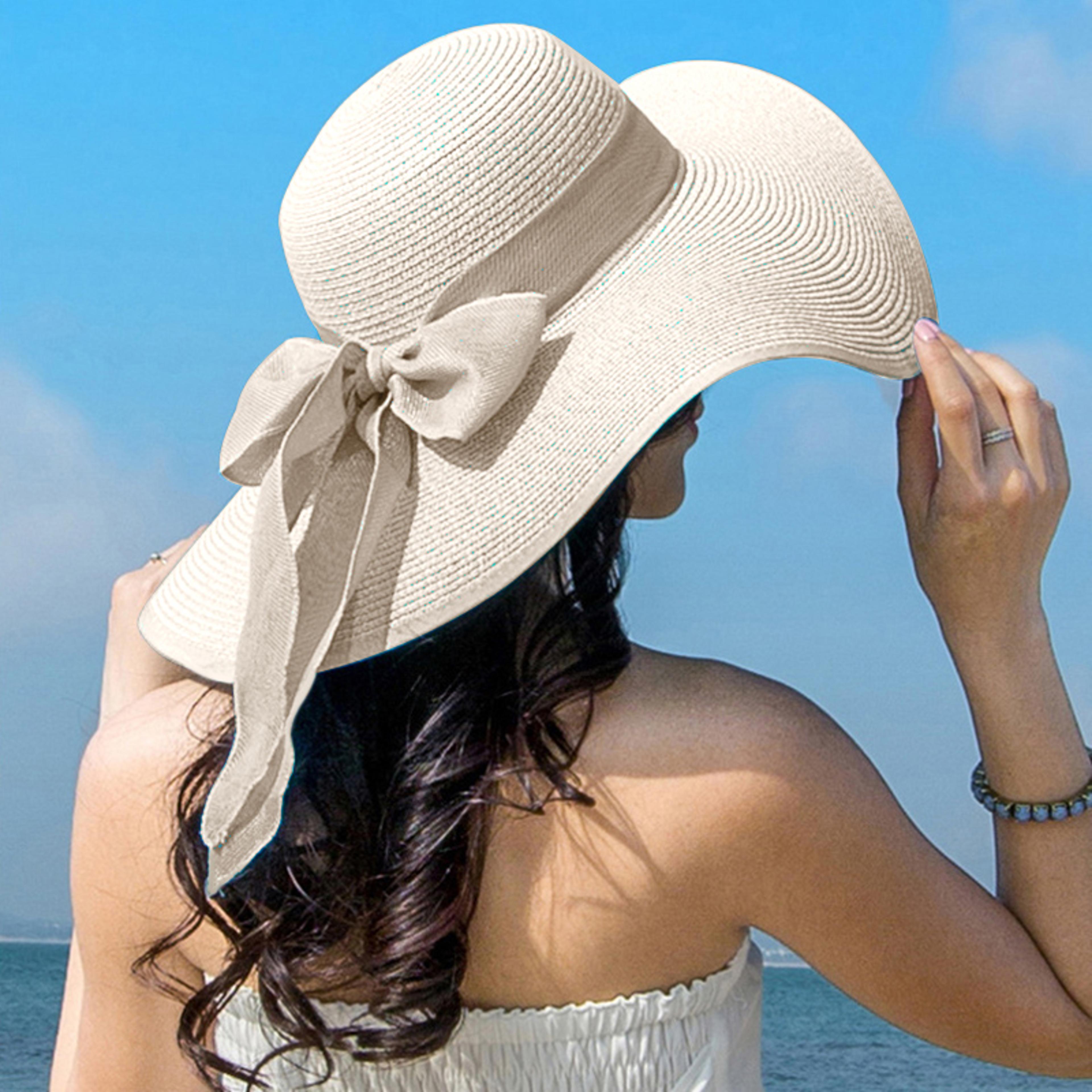 womens straw sun hat wide brim foldable bow beach vacation hat
