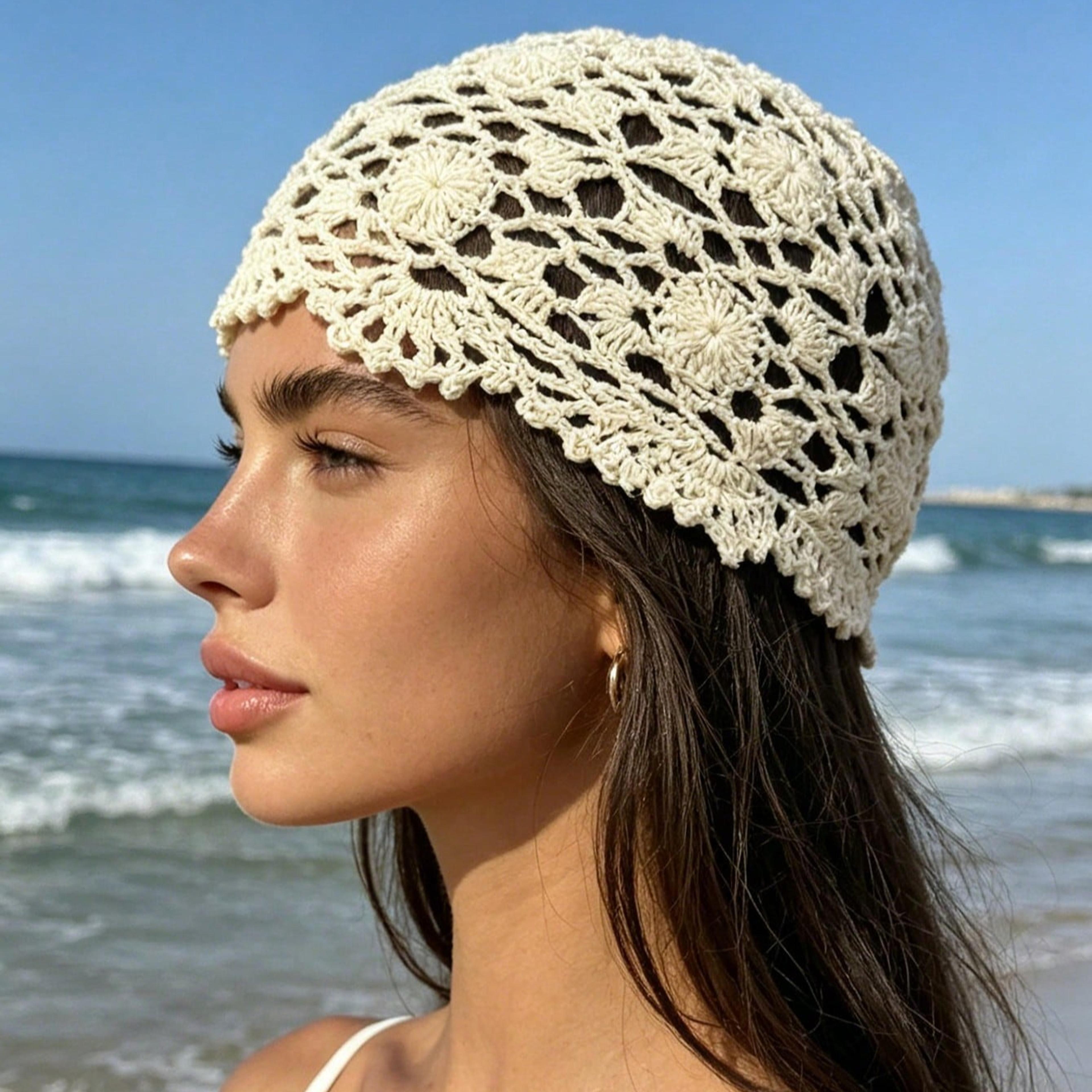 beige floral knit sun hat for beach holidays
