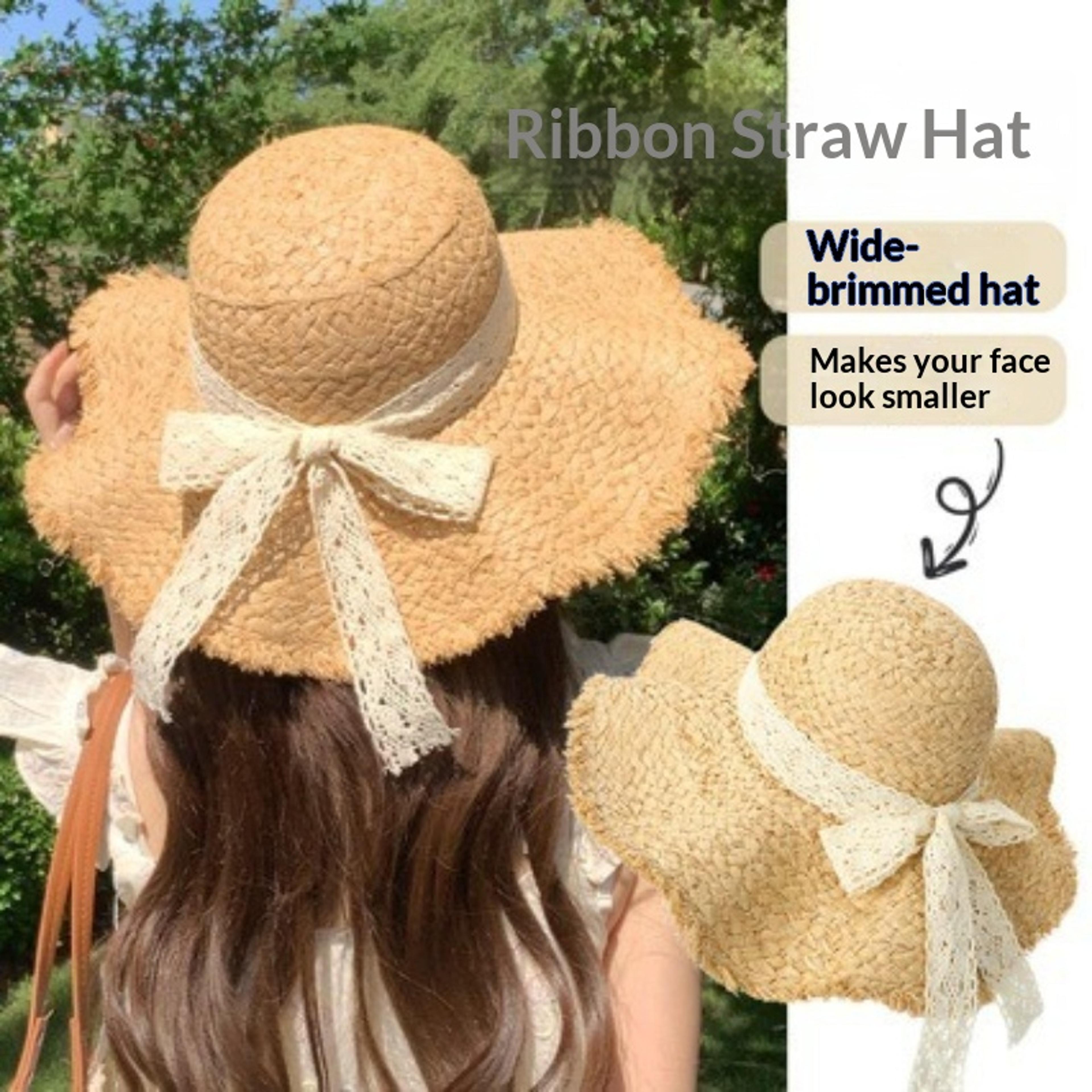 wide brim women straw hat with silk scarf for beach and vacation