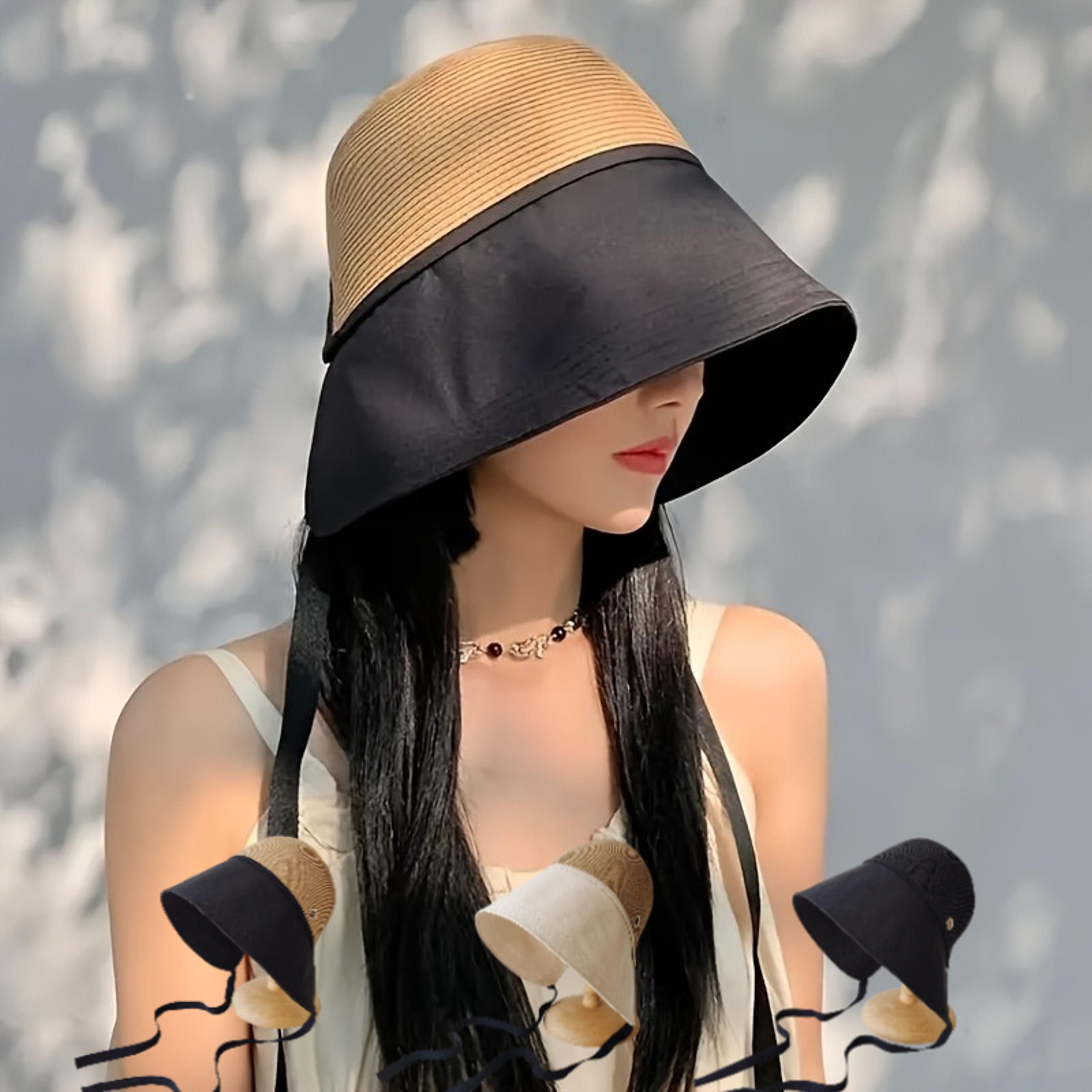 womens patchwork straw wide brim sun hat with pocket scarf face cover