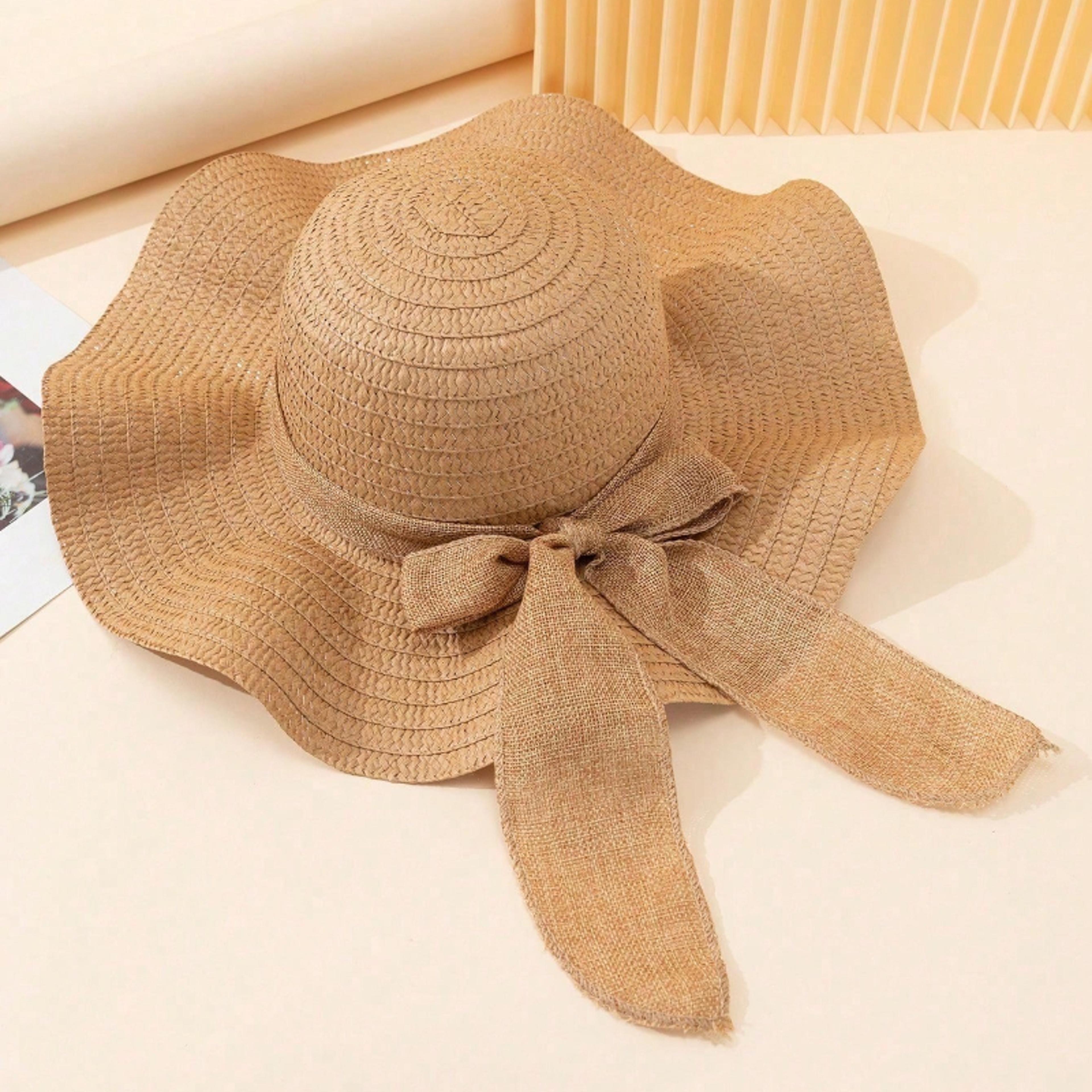 women khaki wave striped bowknot beach hat boho straw sun hat for vacation