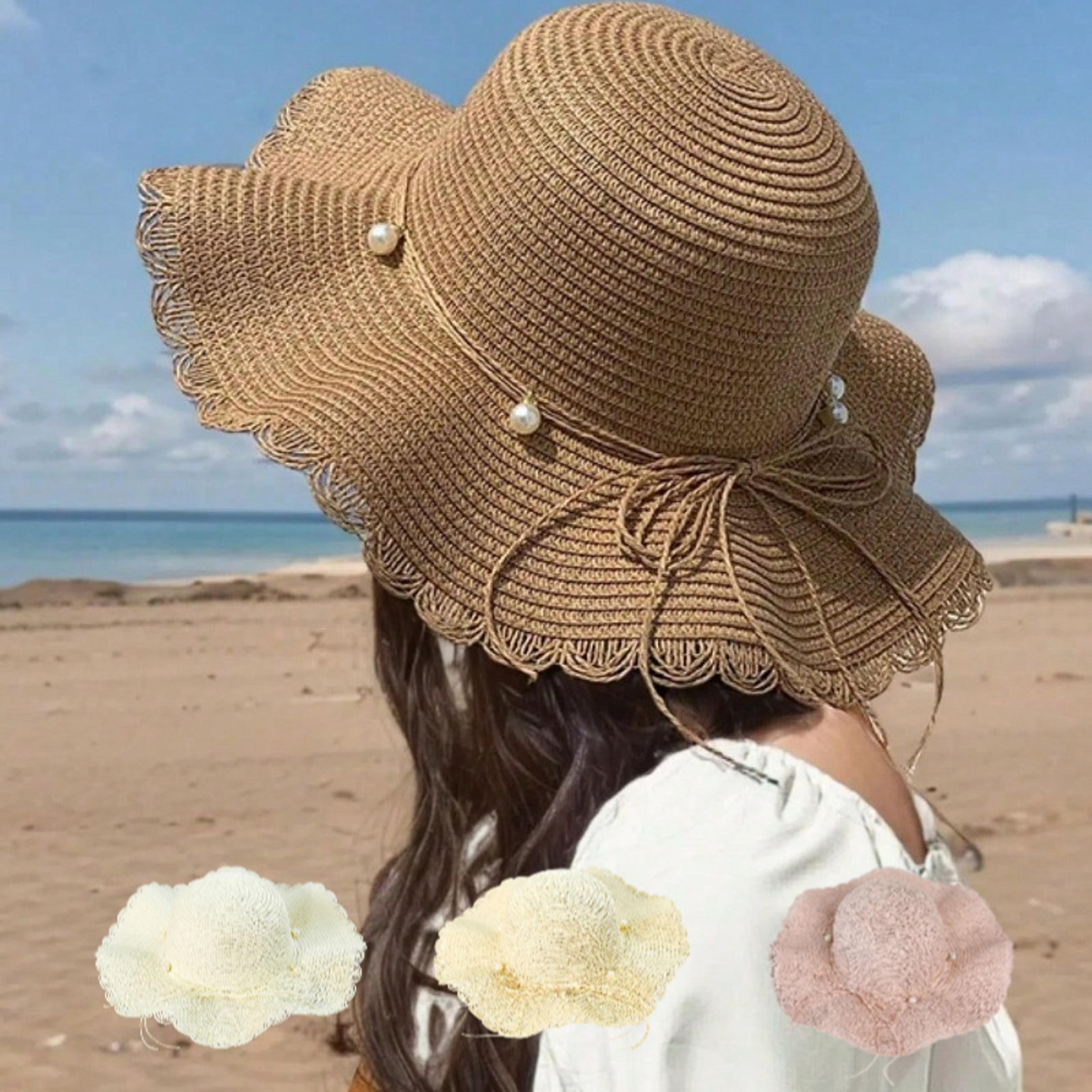 elegant khaki wave womens beach sun hat with faux pearl bowknot