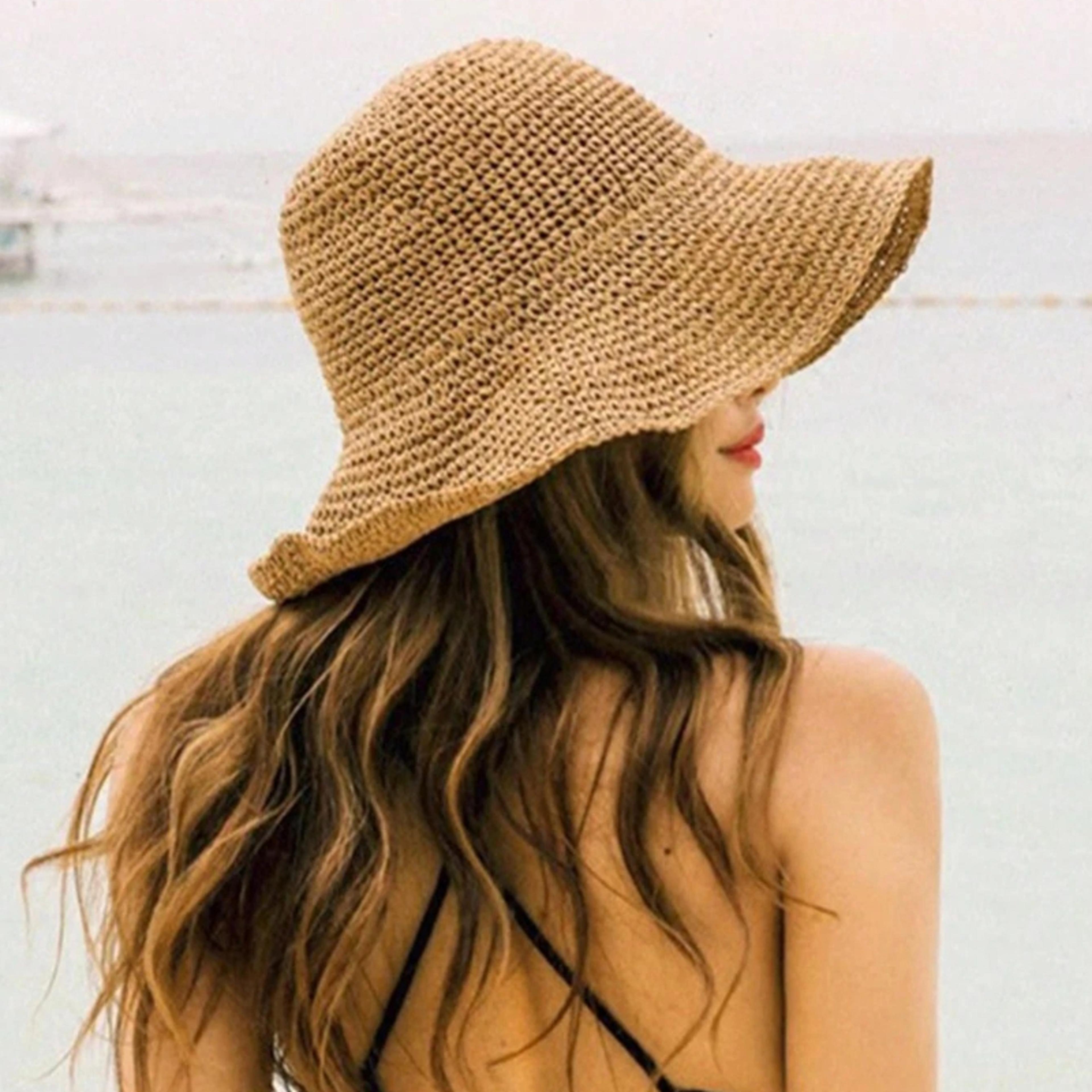 foldable womens straw visor hat for beach sun protection