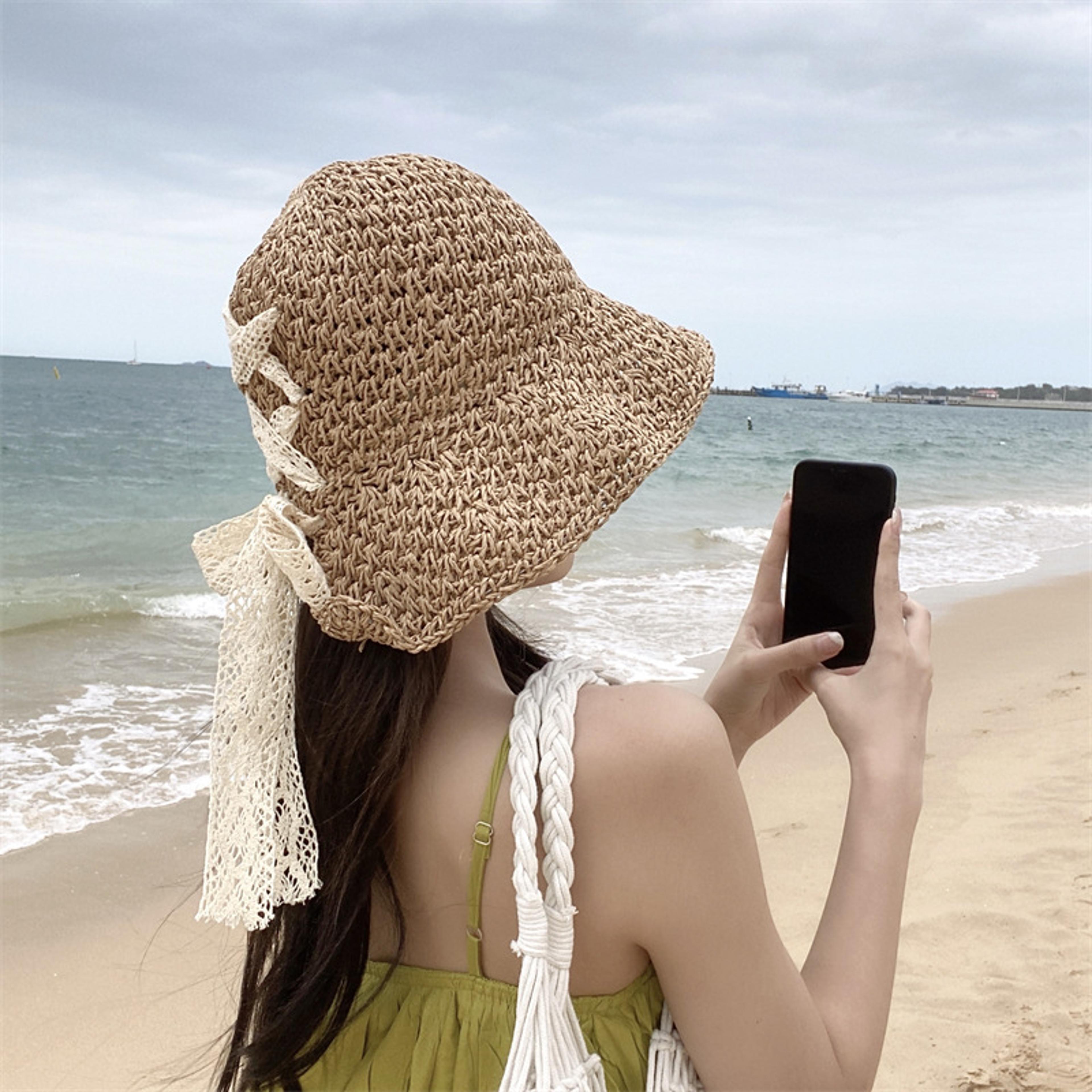 foldable women straw sun hat with lace bow crochet beach style