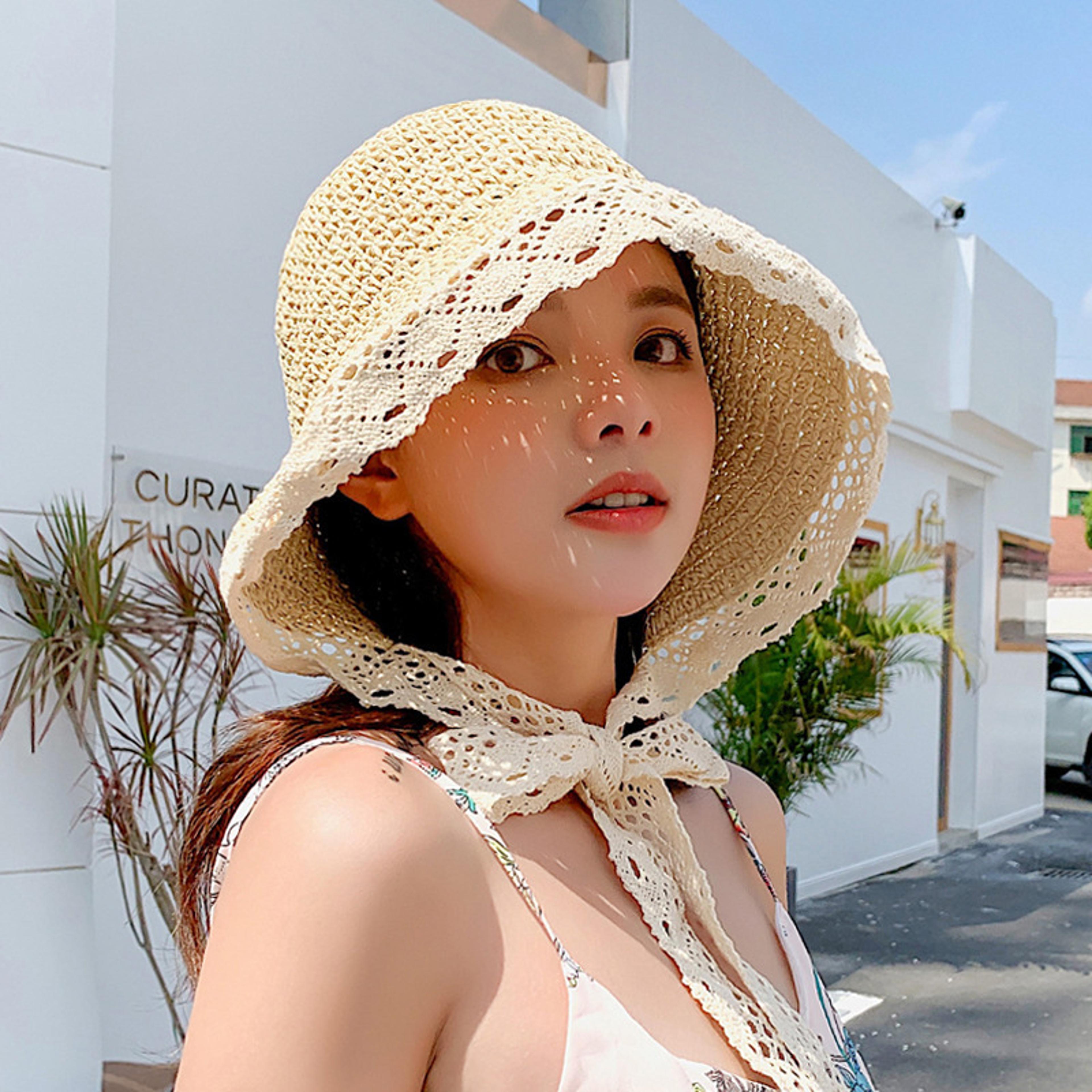 foldable straw hat for women lace ribbon beach sun hat