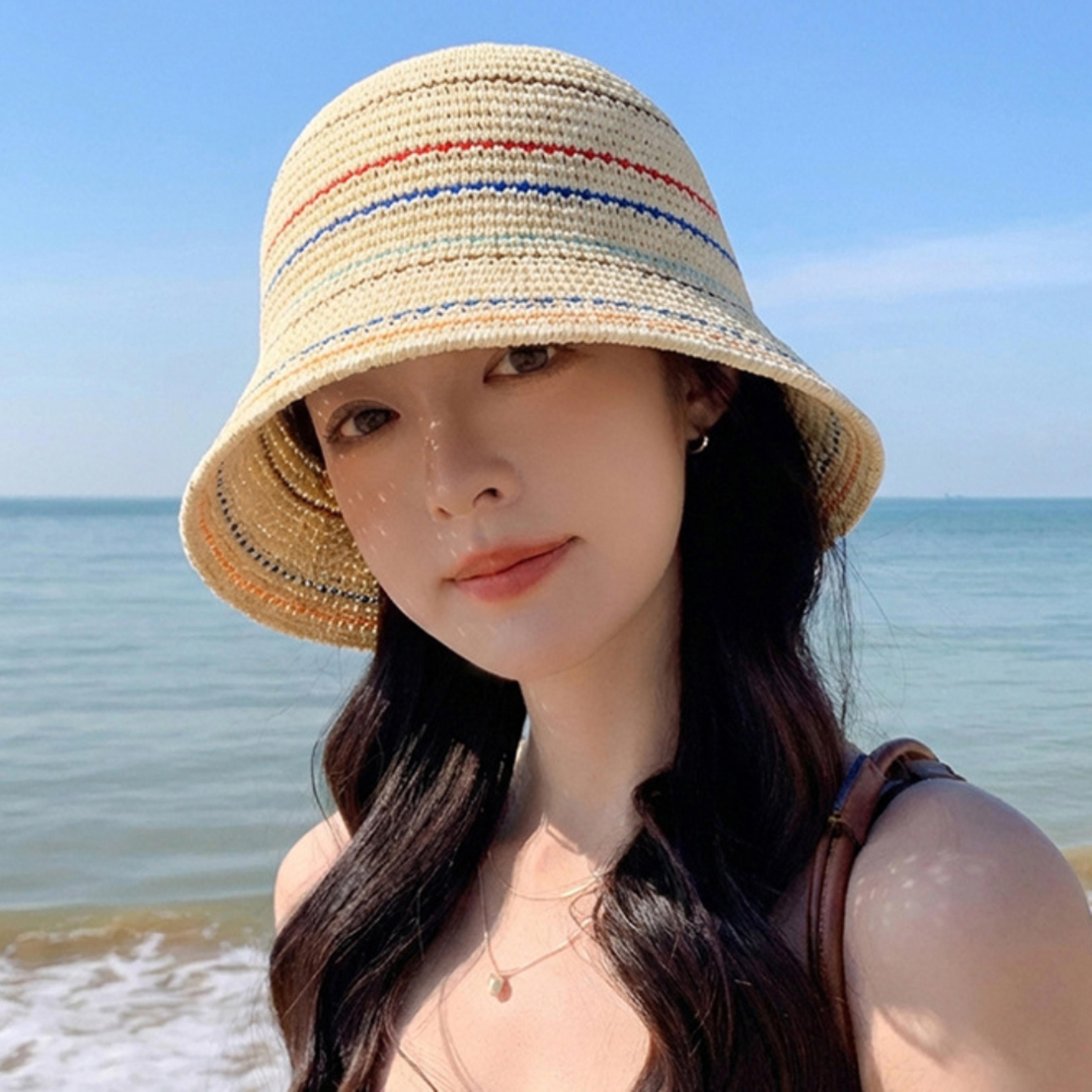 womens packable crochet straw sun hat wide brim beach cap