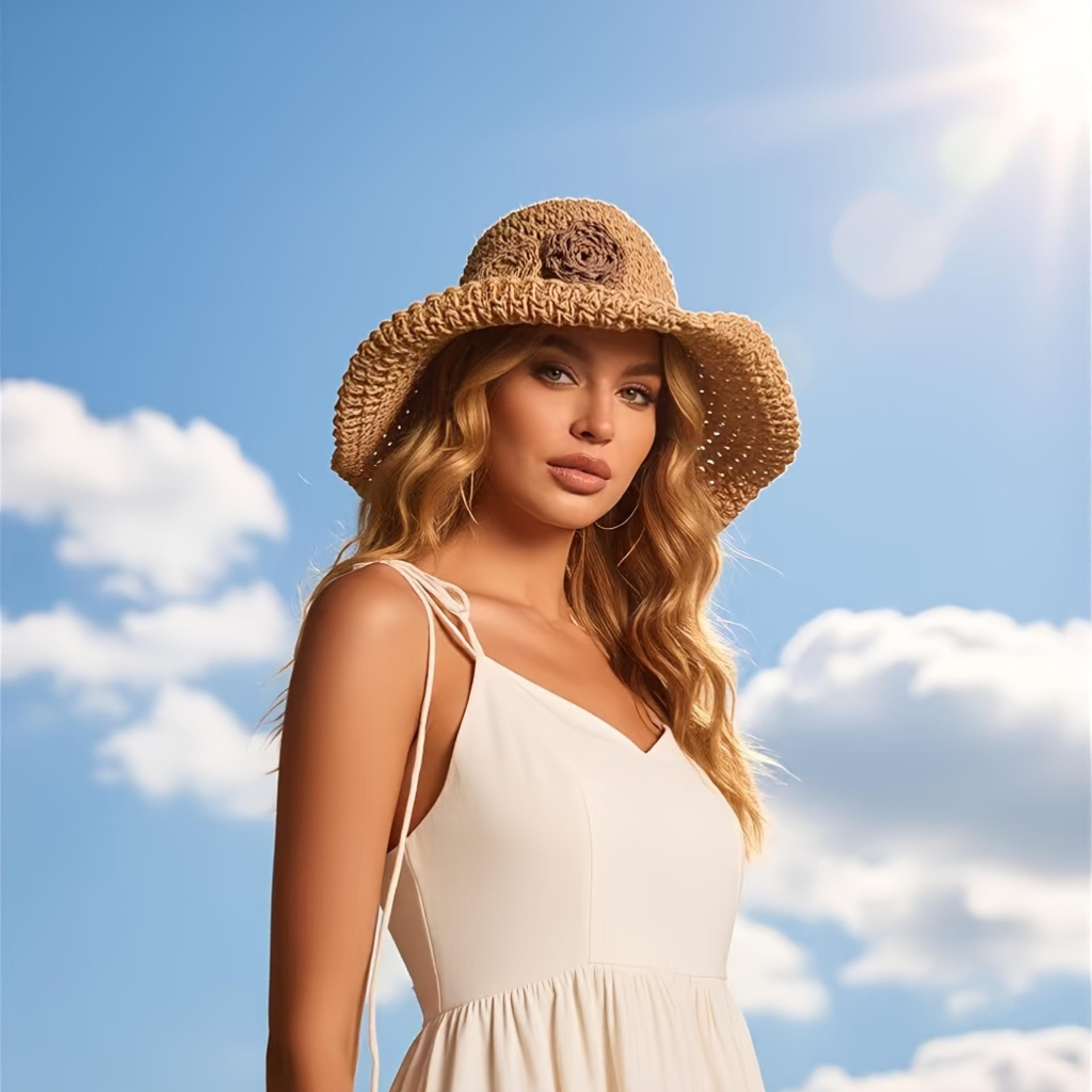 bohemian women straw hat wide brim beach hat foldable sun protection cap