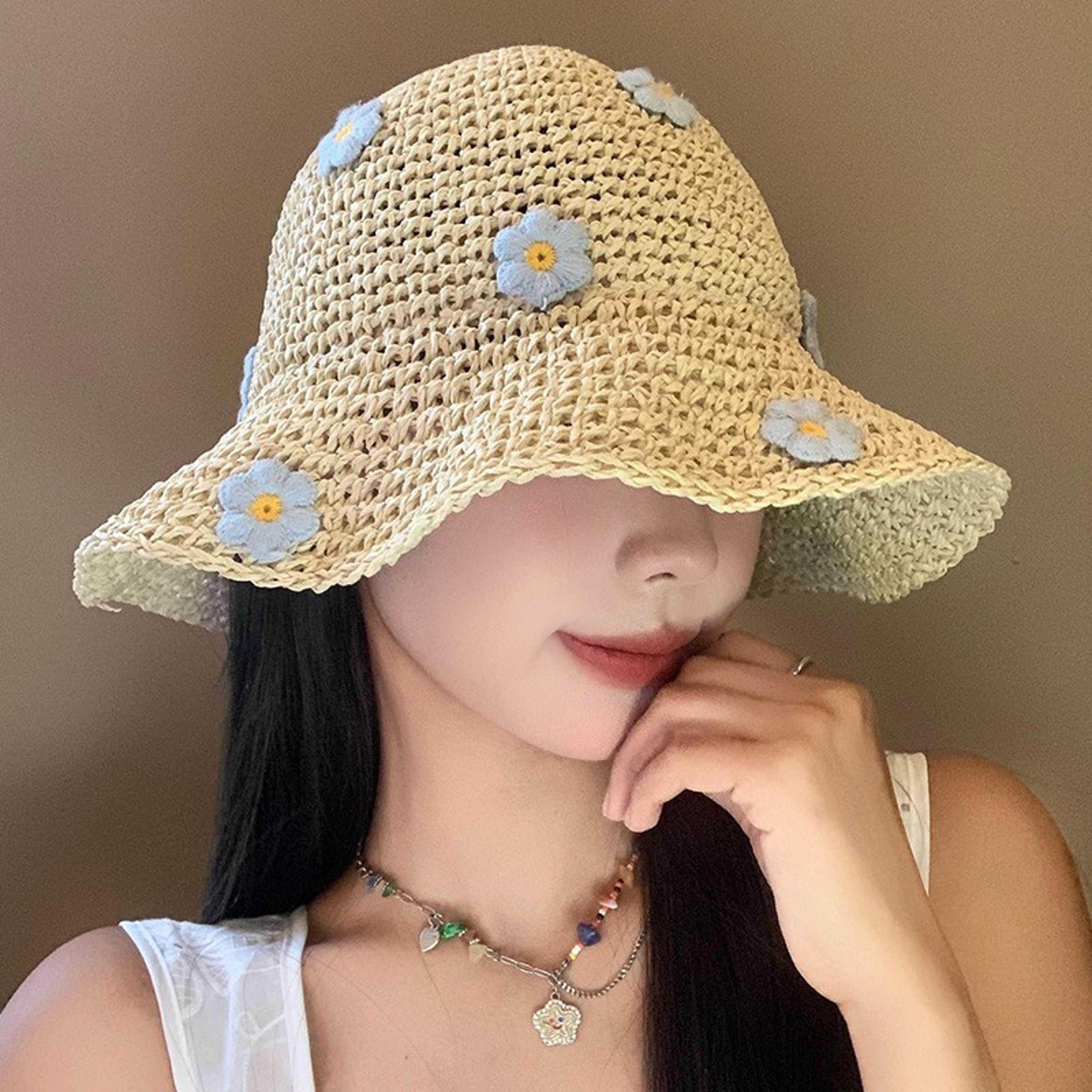 floral woven straw bucket hat for women summer beach sun protection