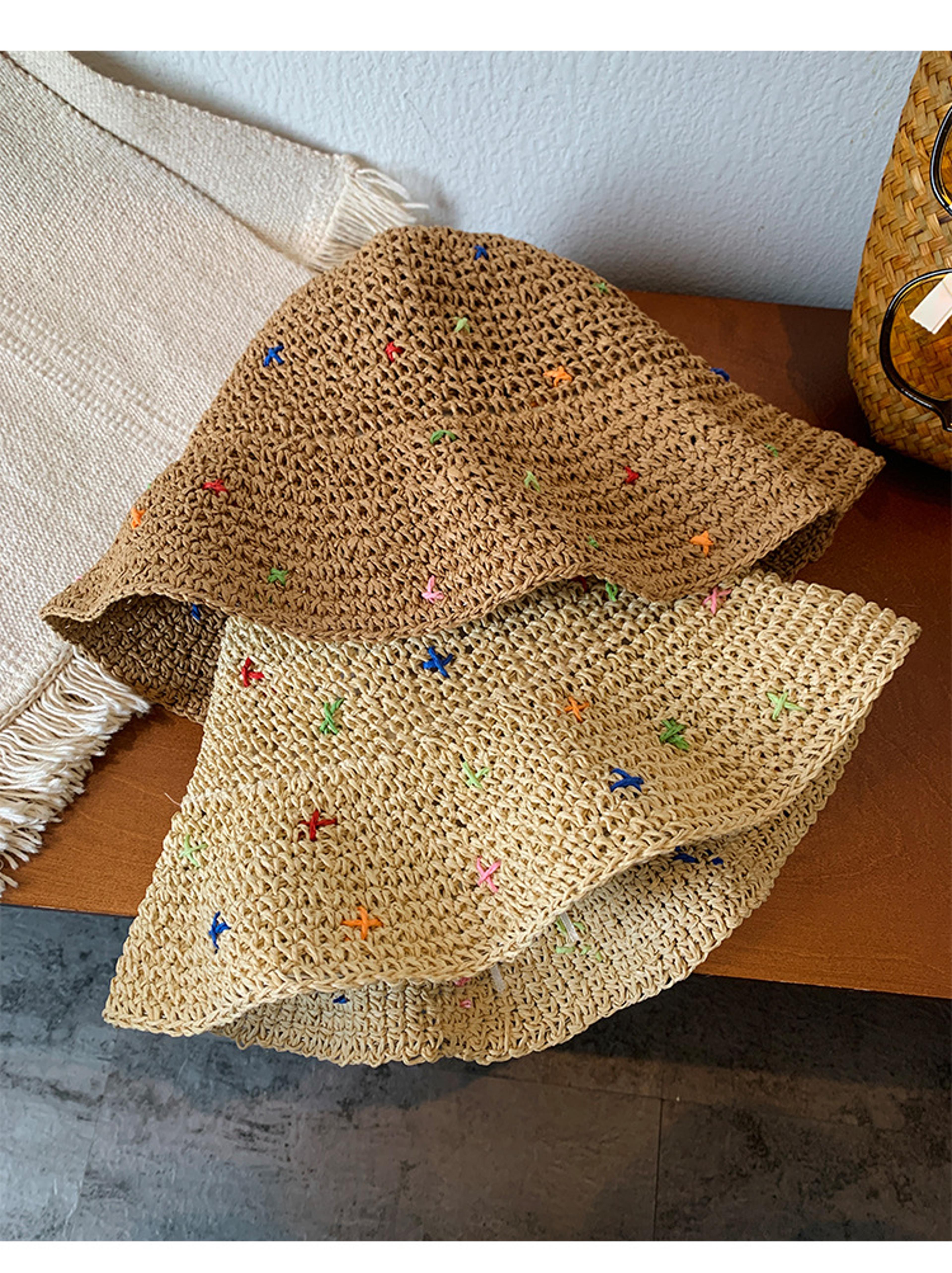 colorful straw bucket hat for women foldable uv beach sun cap