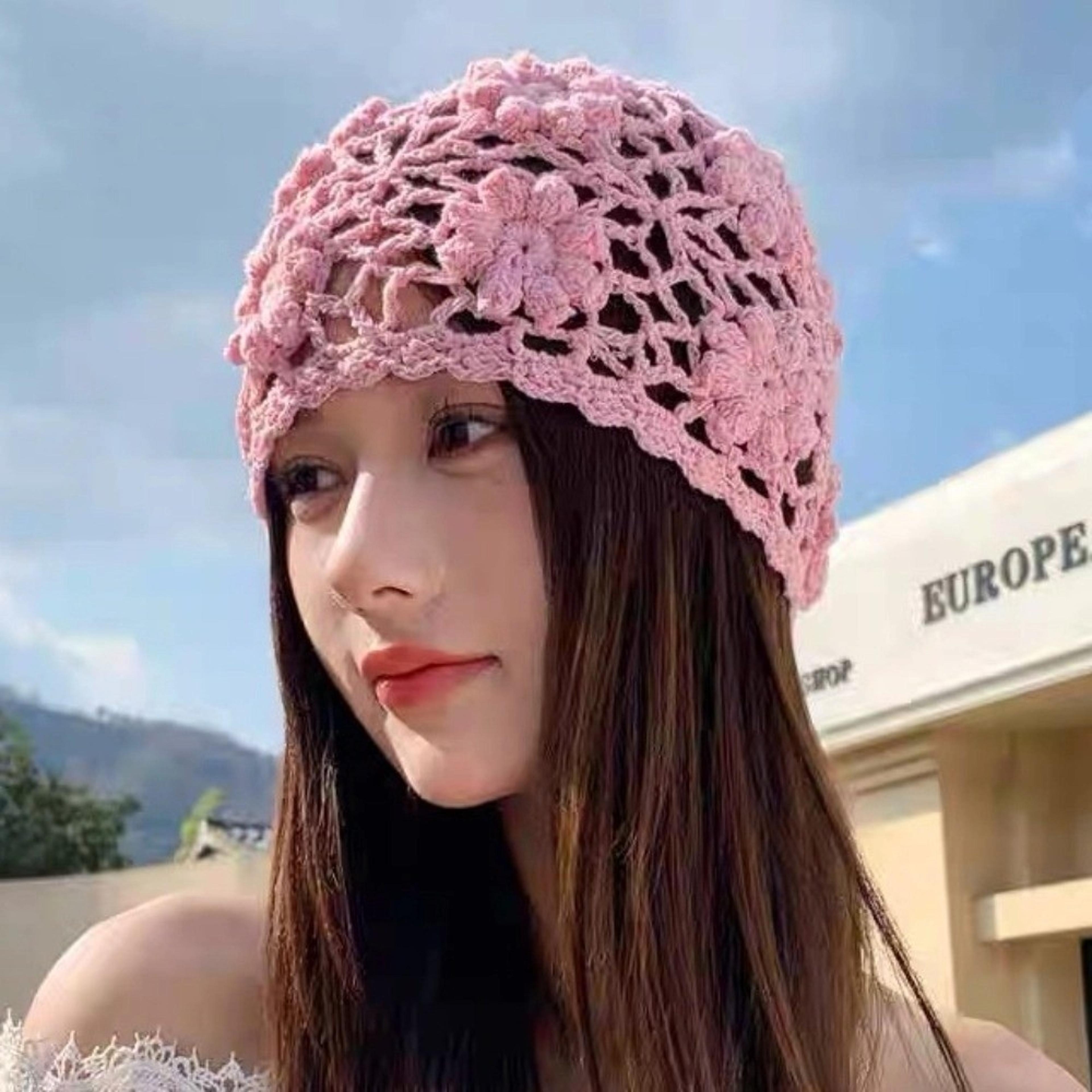 korean handmade crochet flower hat for women hollow knit beanie cap