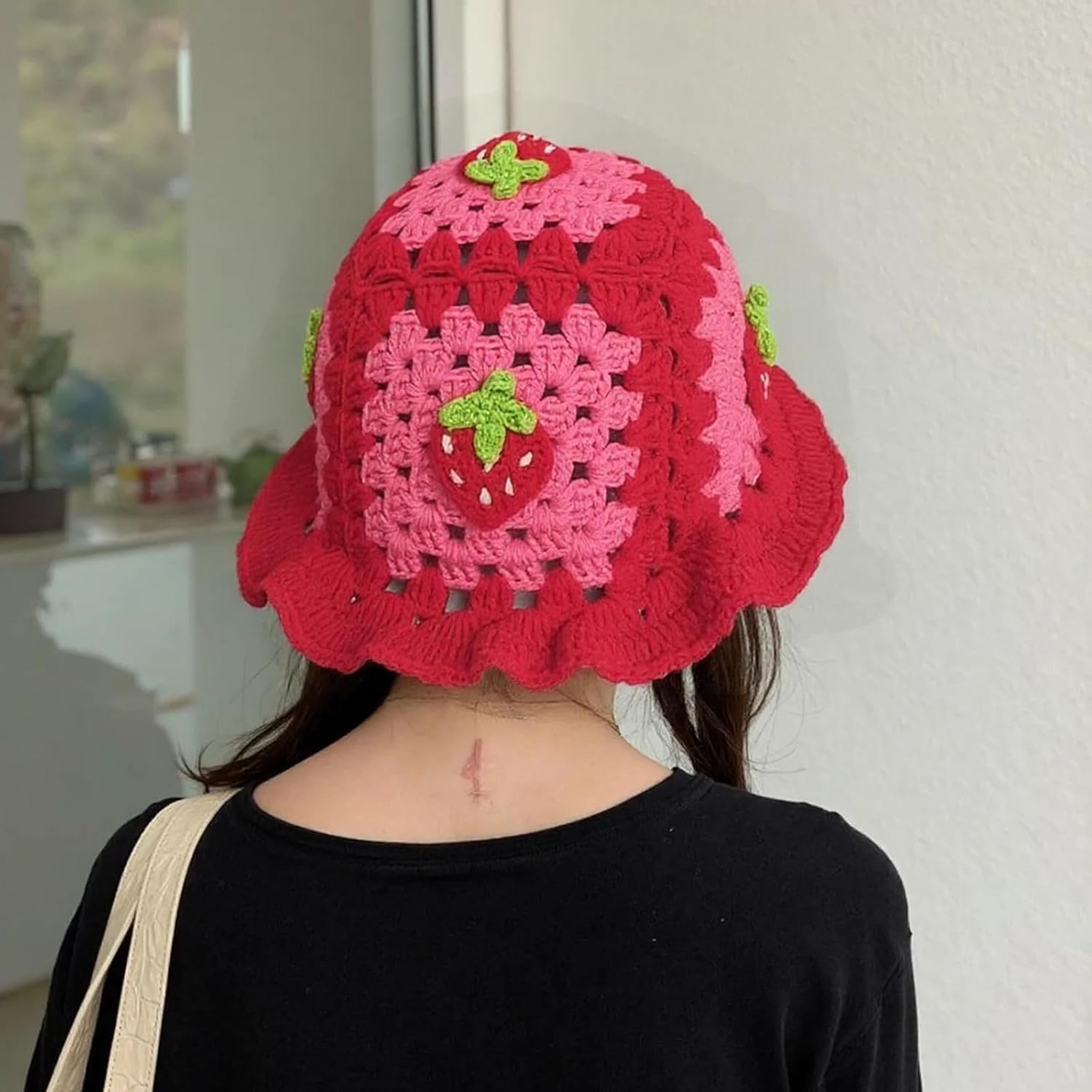handmade crochet strawberry bucket hat for women boho foldable ruffle brim summer hat