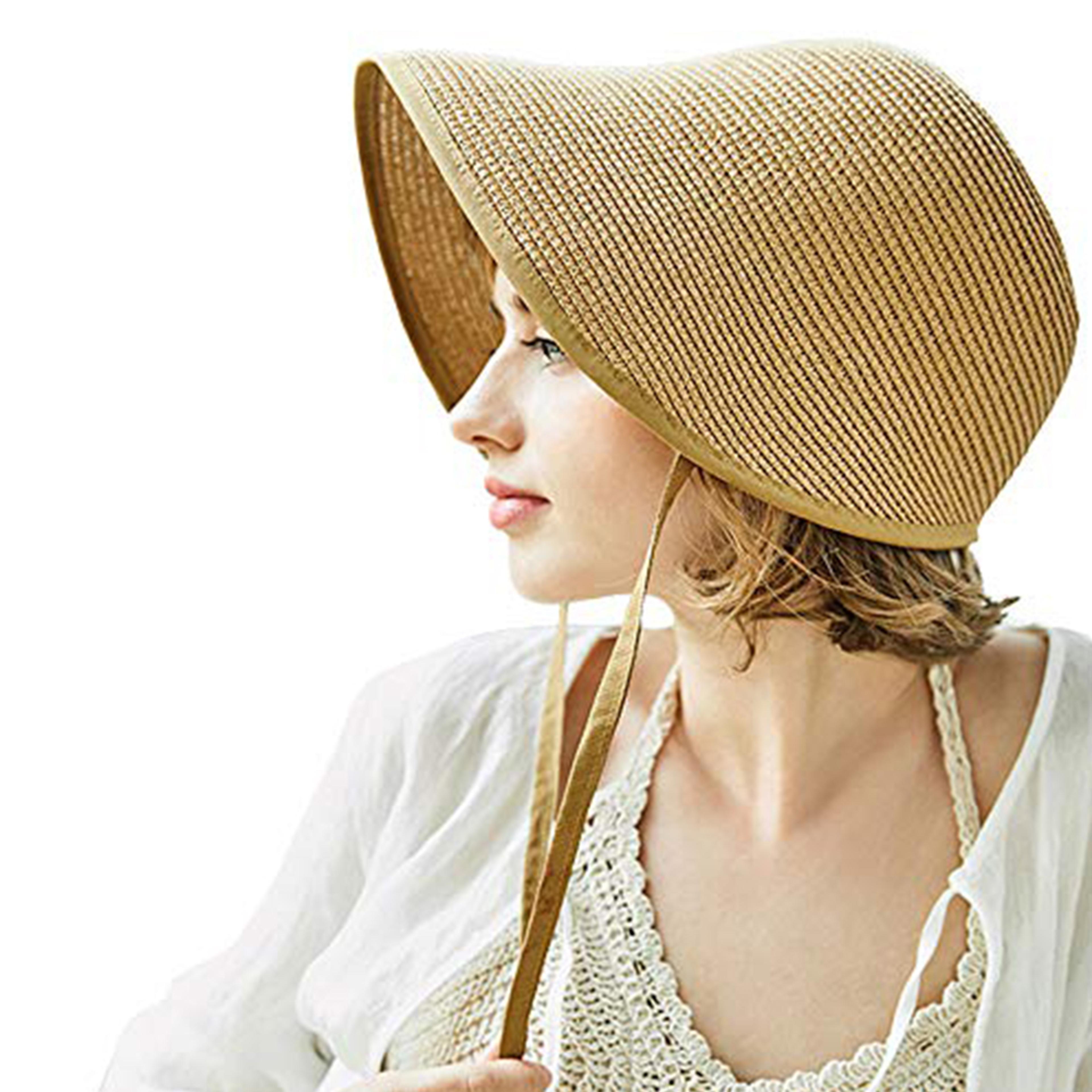 womens straw bonnet hat with wide brim bow for beach, garden parties and vintage summer style