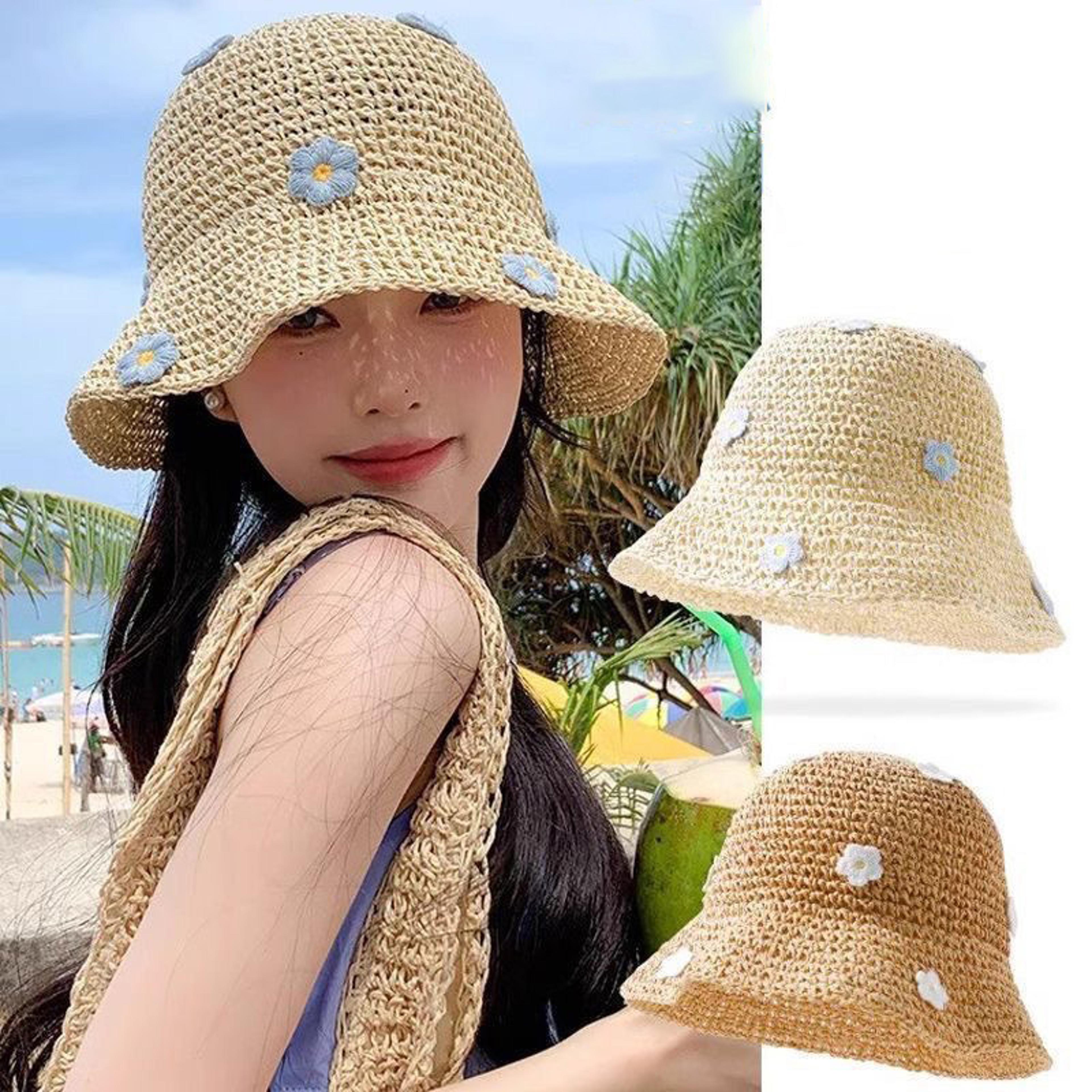 korean sweet straw flower bucket hat for women – boho summer beach sun hat