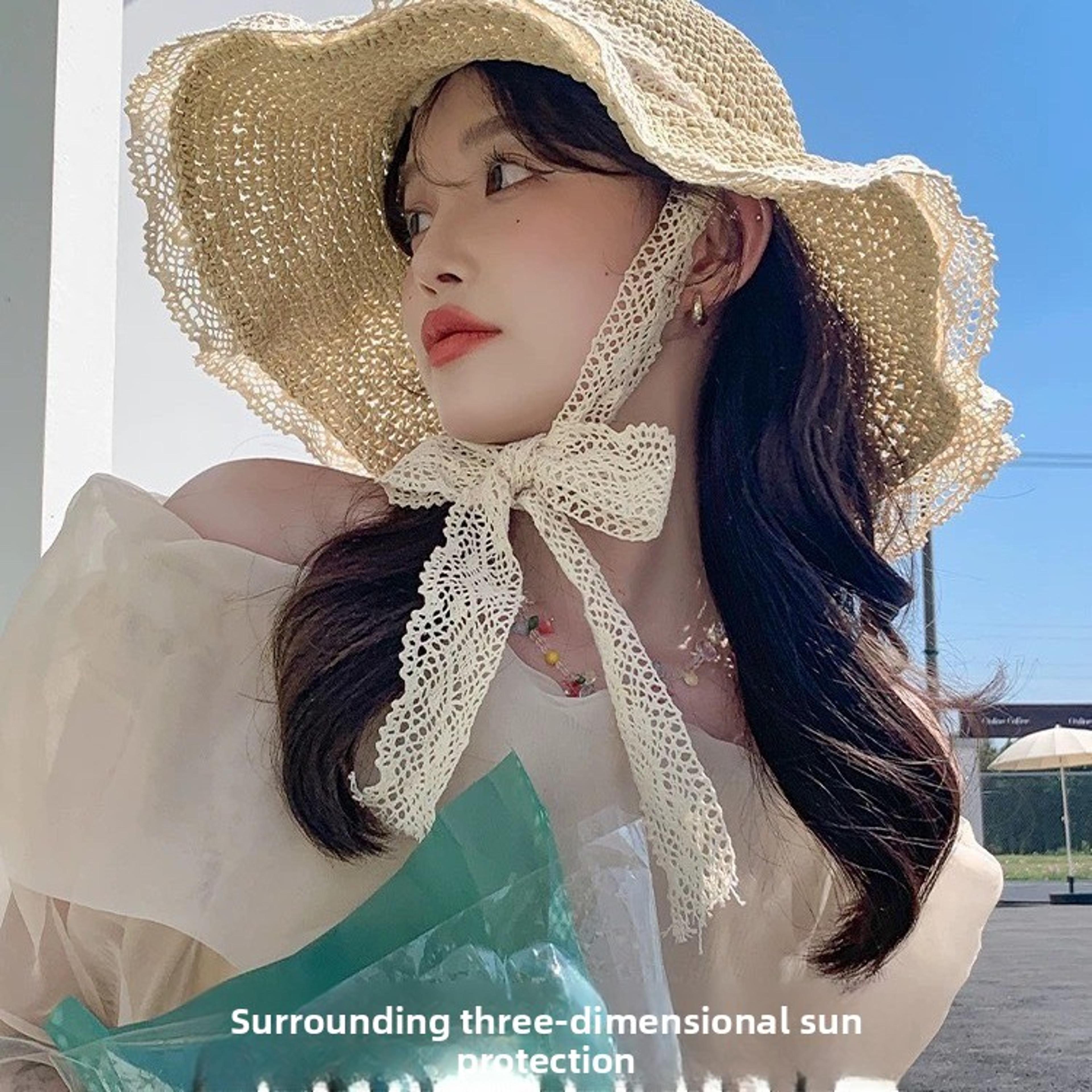 women lace edge straw sun hat wide brim uv protection beach travel summer hat