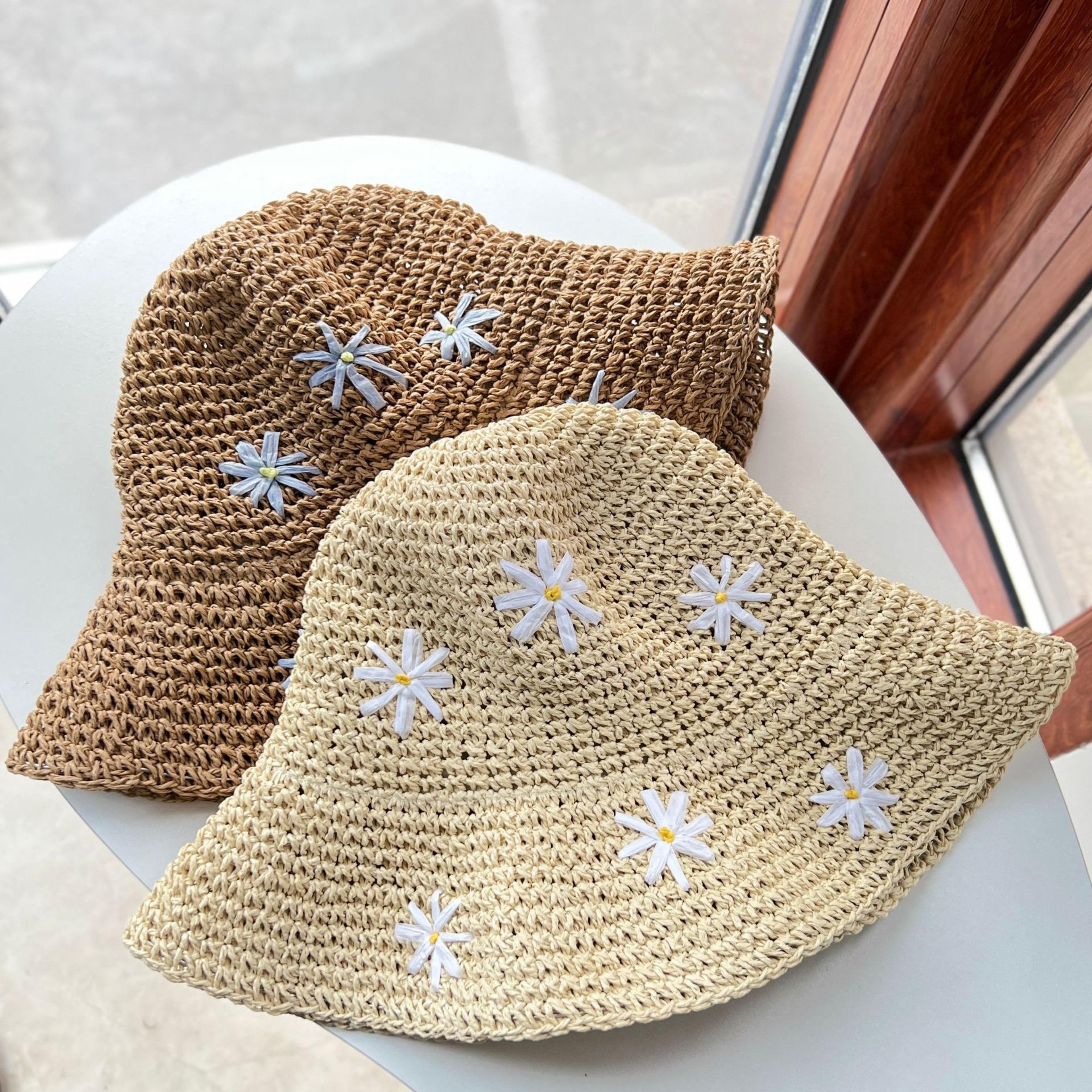 womens crochet straw sun hat foldable uv protection beach bucket hat with floral embroidery
