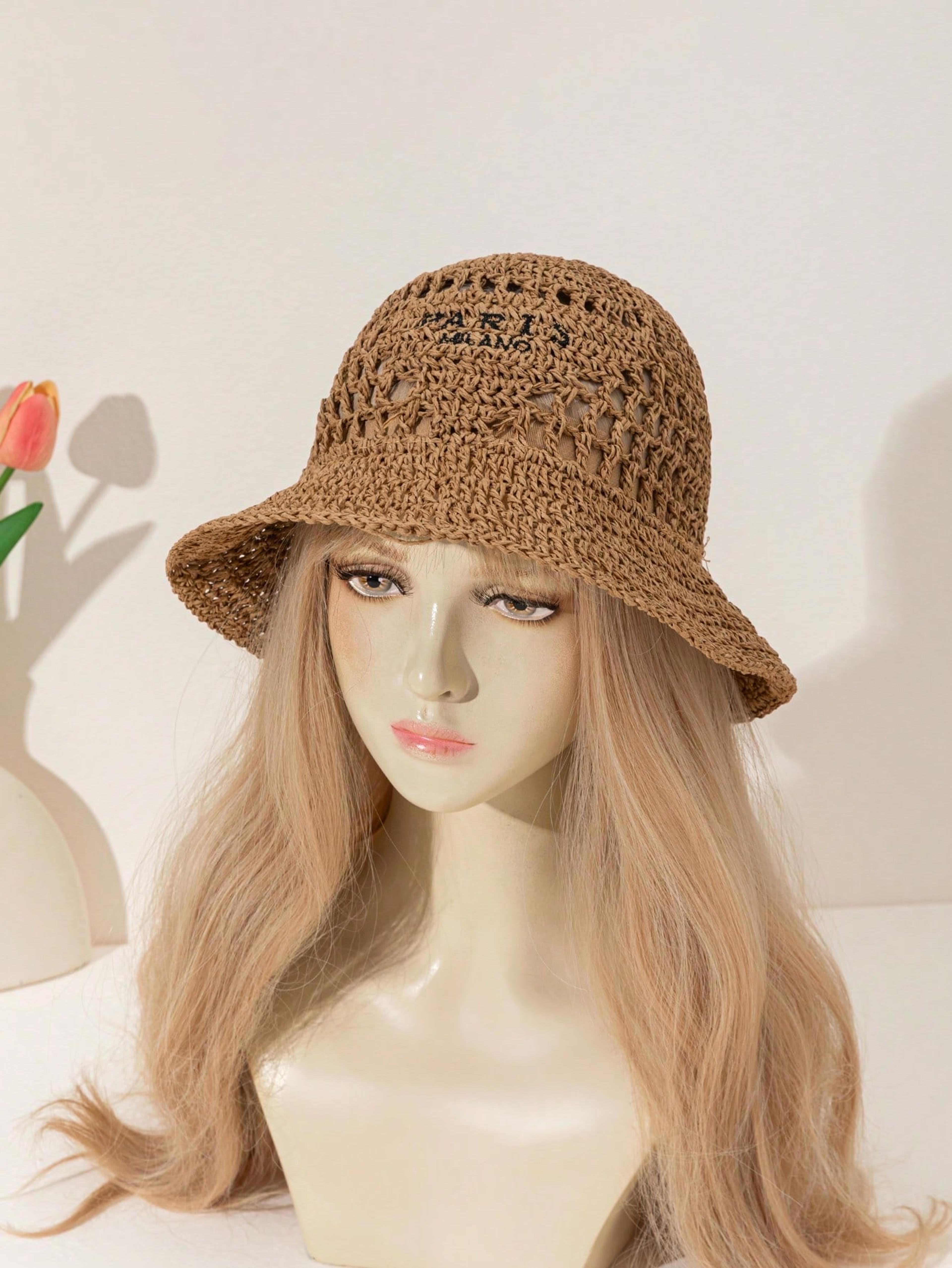 bohemian crochet straw sun hat for women embroidered beach resort hat