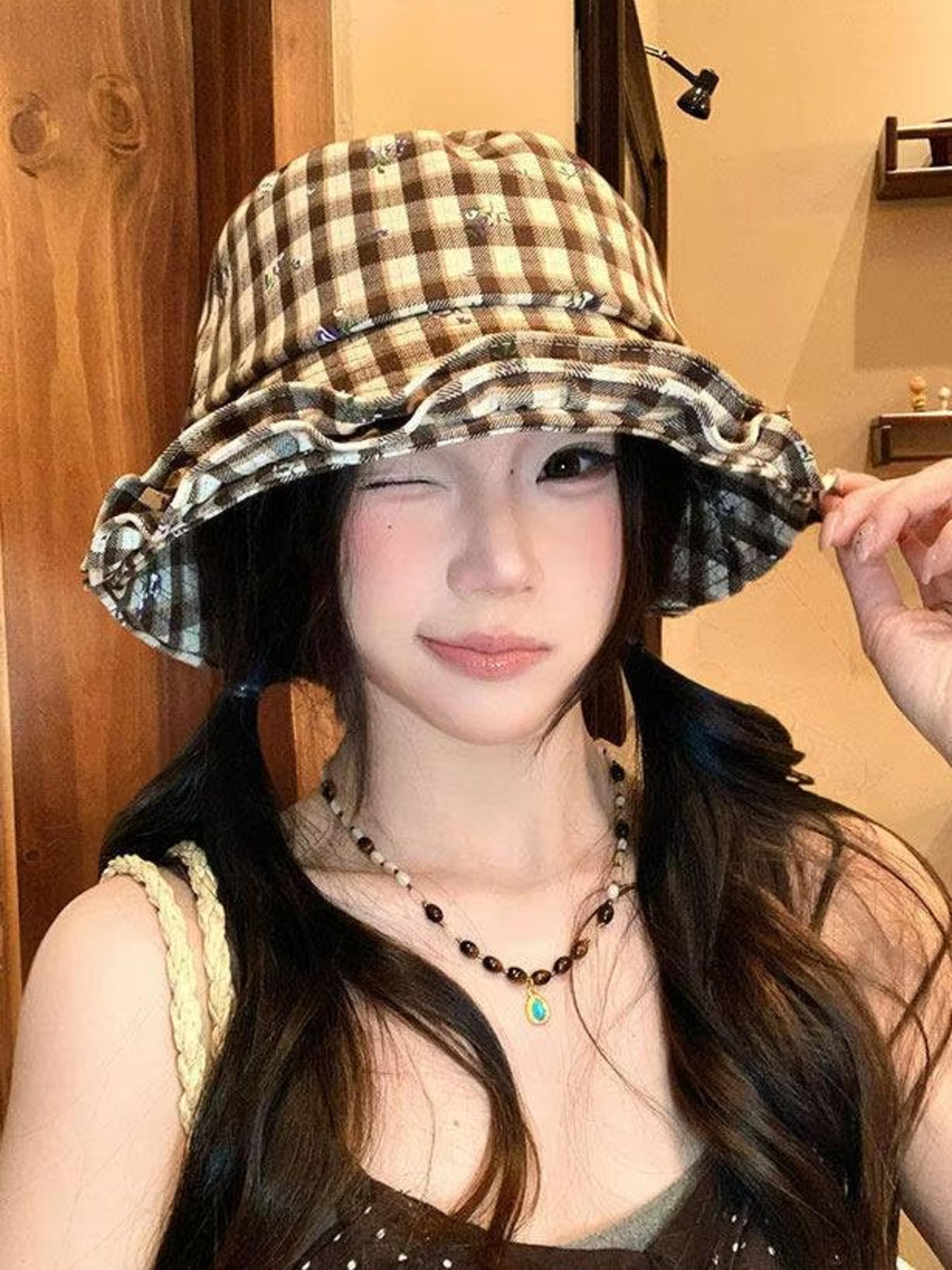 retro checked lace fisherman's hat for women floral summer sun hat country style