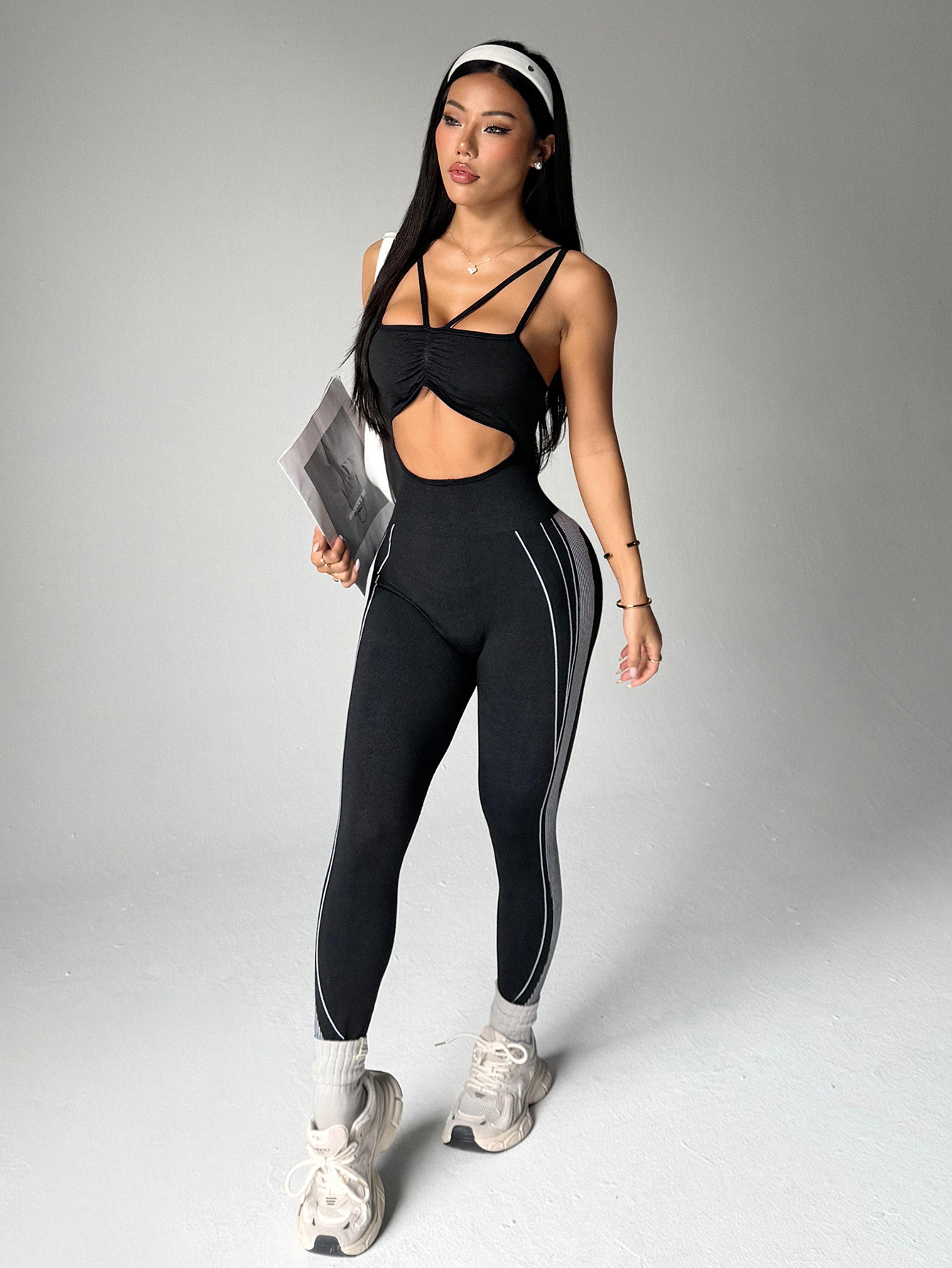 womens color block yoga jumpsuit one piece workout romper strappy fitness bodysuit