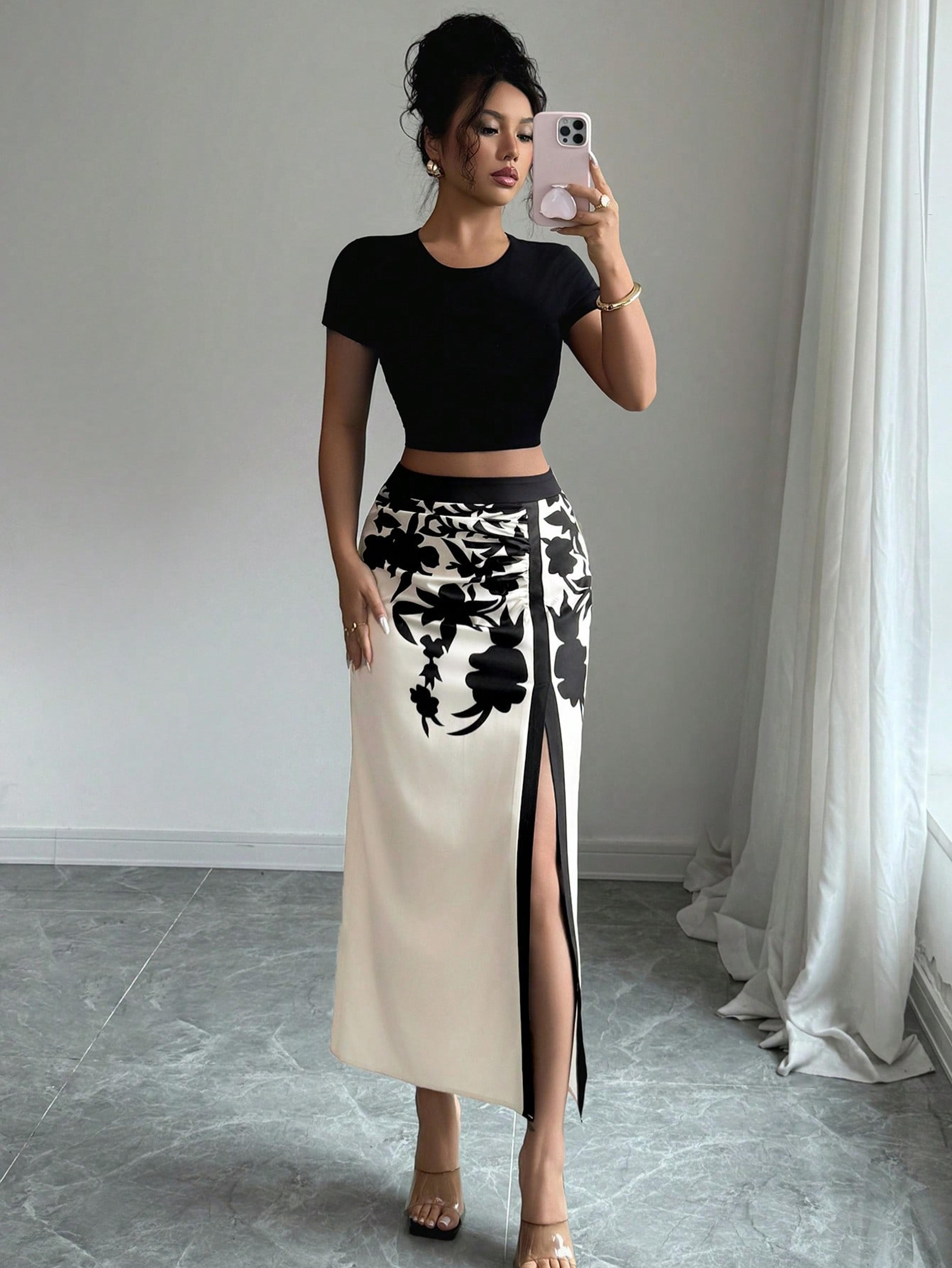 women's black floral print ruched high slit midi skirt casual summer skirt