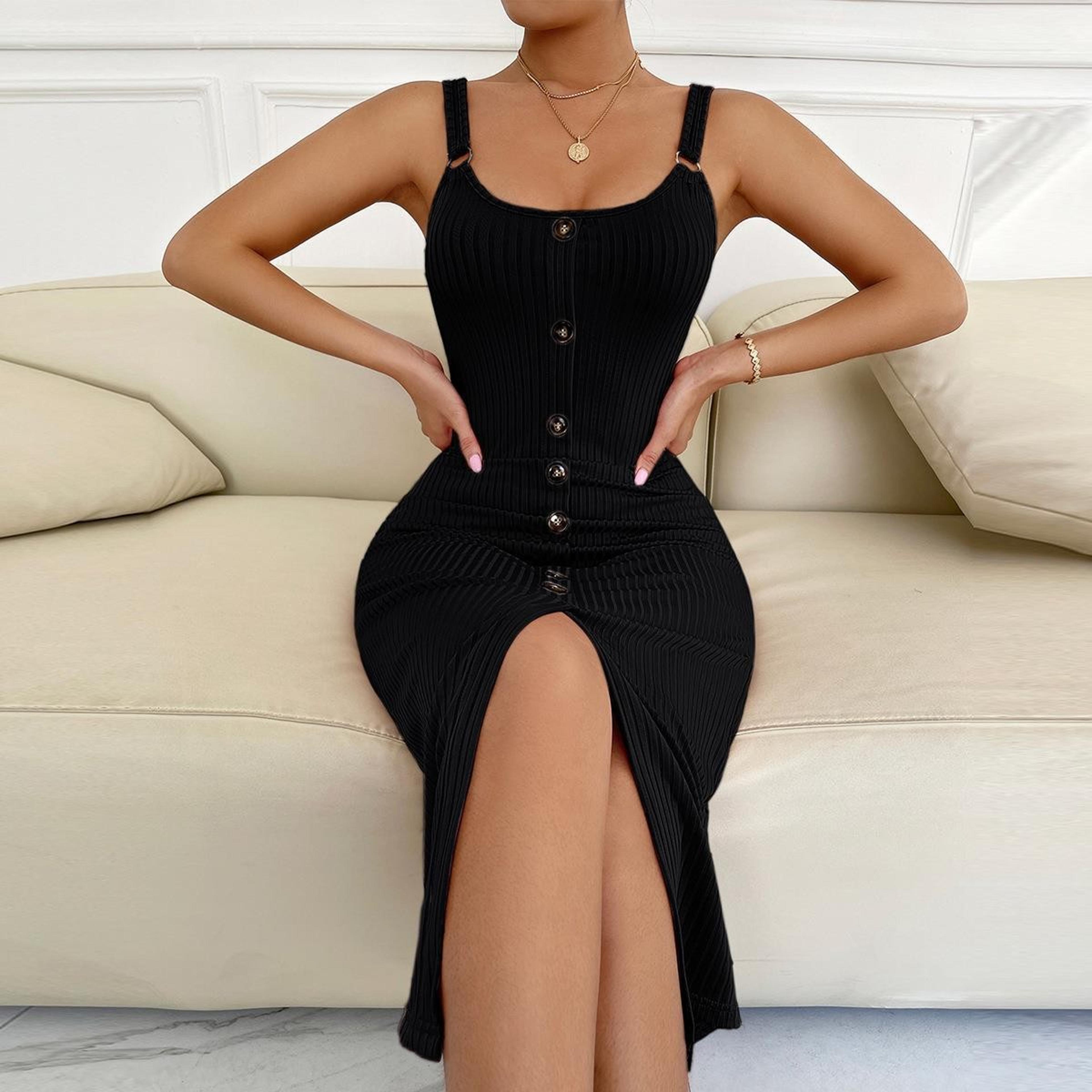 womens summer faux button v-neck bodycon knit tank slit midi dress for party & daily wear