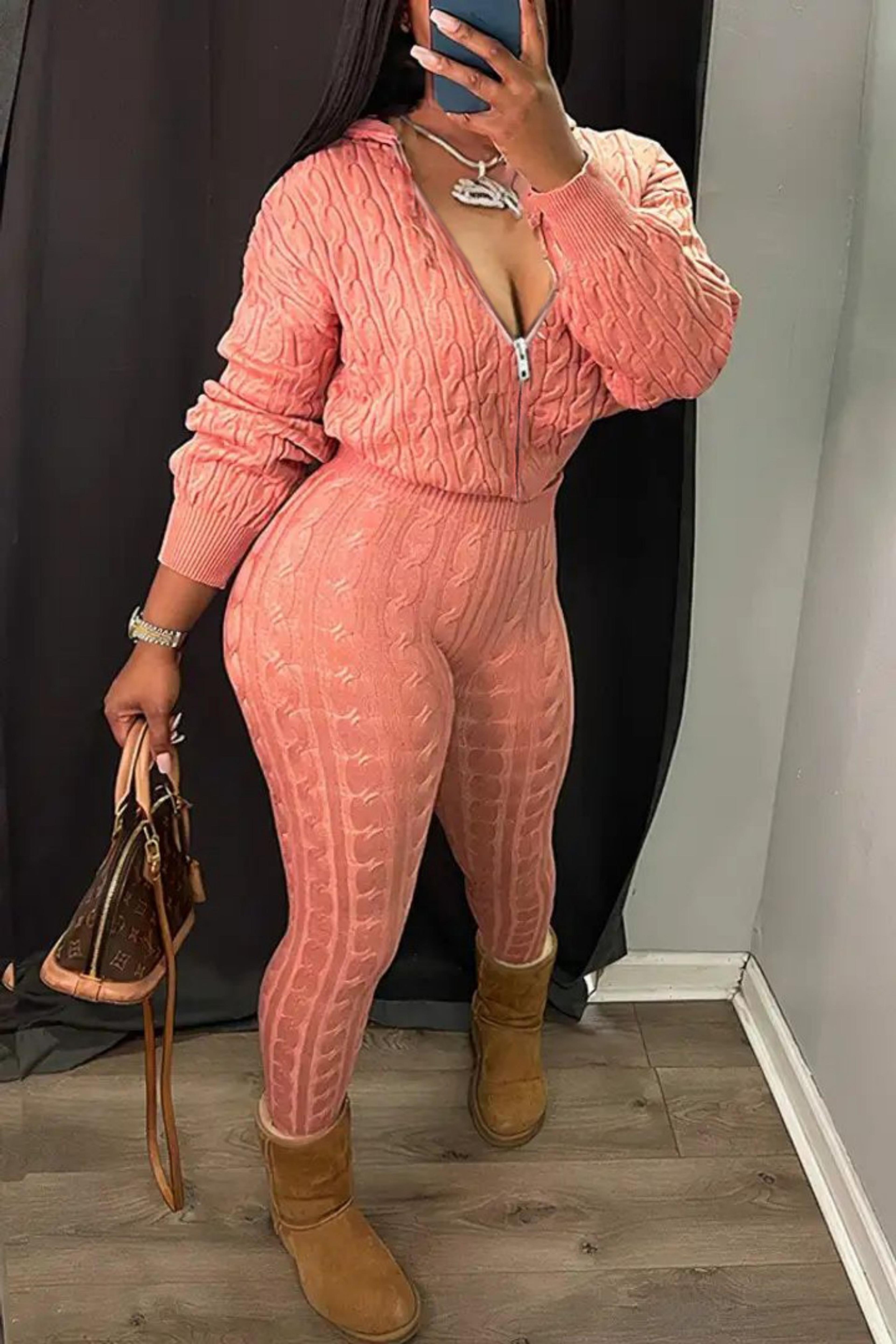 women's pink cable knit two piece zip up hoodie and leggings set casual loungewear outfit