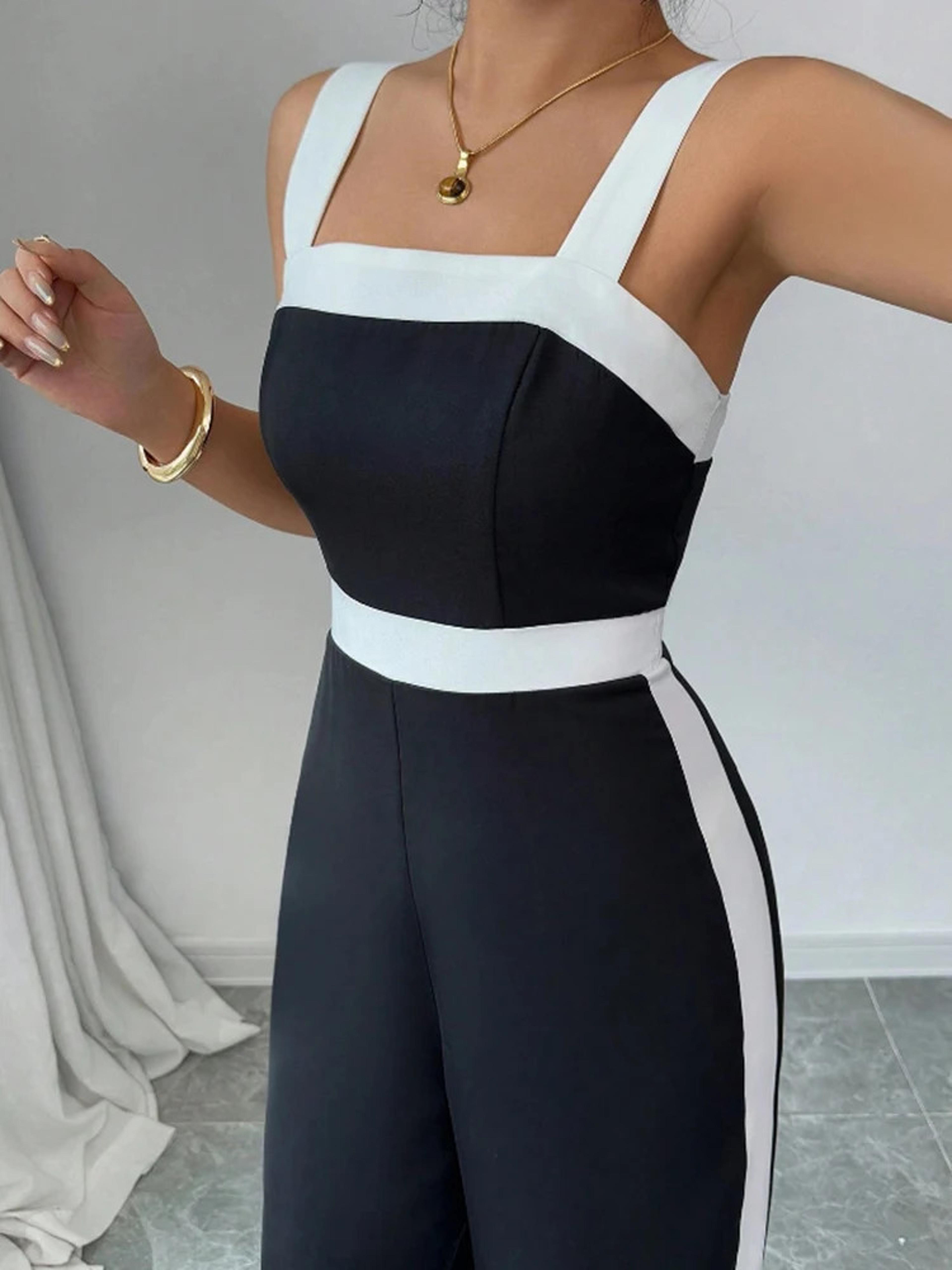 women's black jumpsuit square neck contrast trim casual evening wear