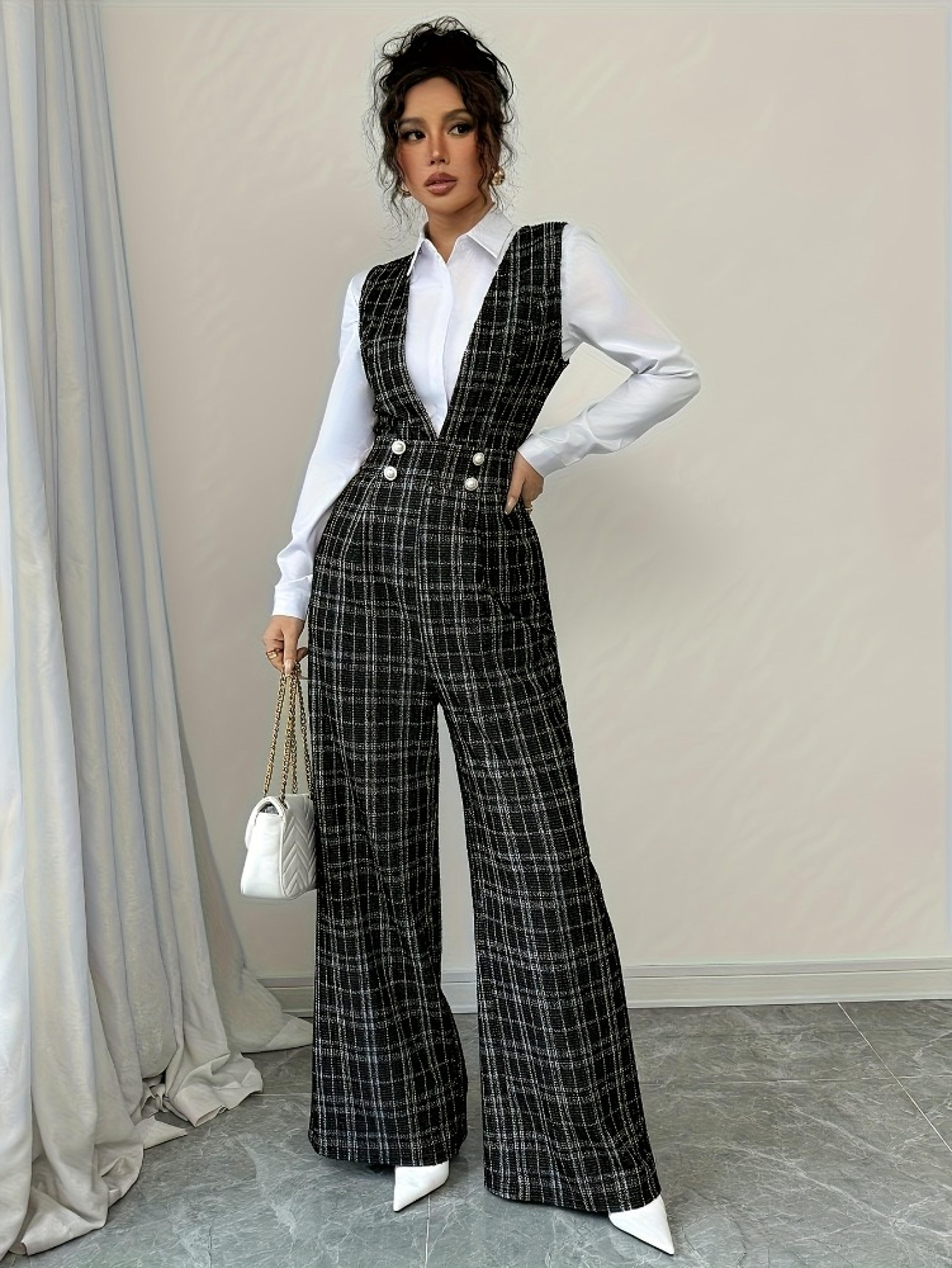 women tweed plaid wide leg jumpsuit vest style double breasted pearl button office formal wear
