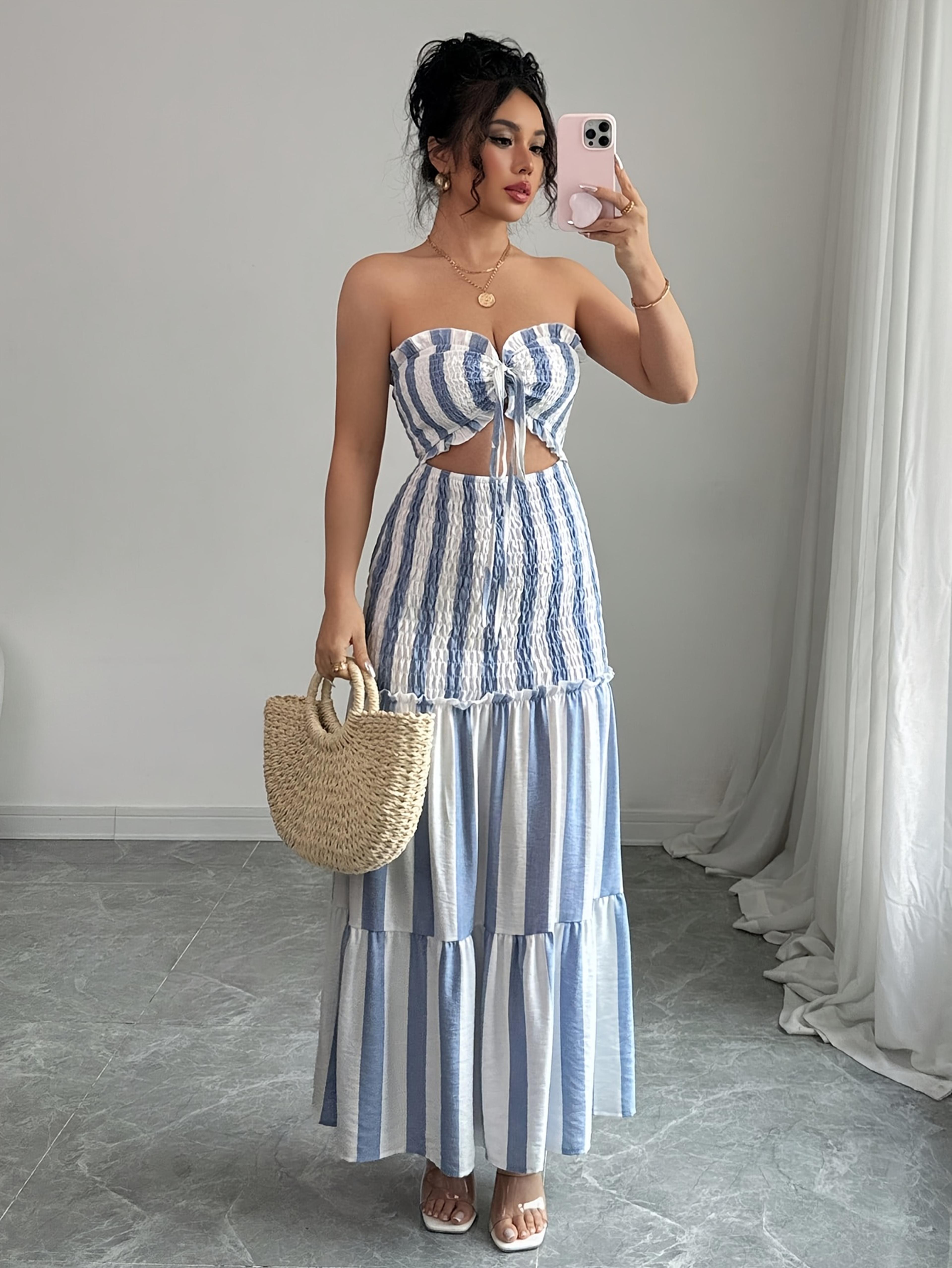 elegant striped off shoulder maxi dress with braided front evening gown for women