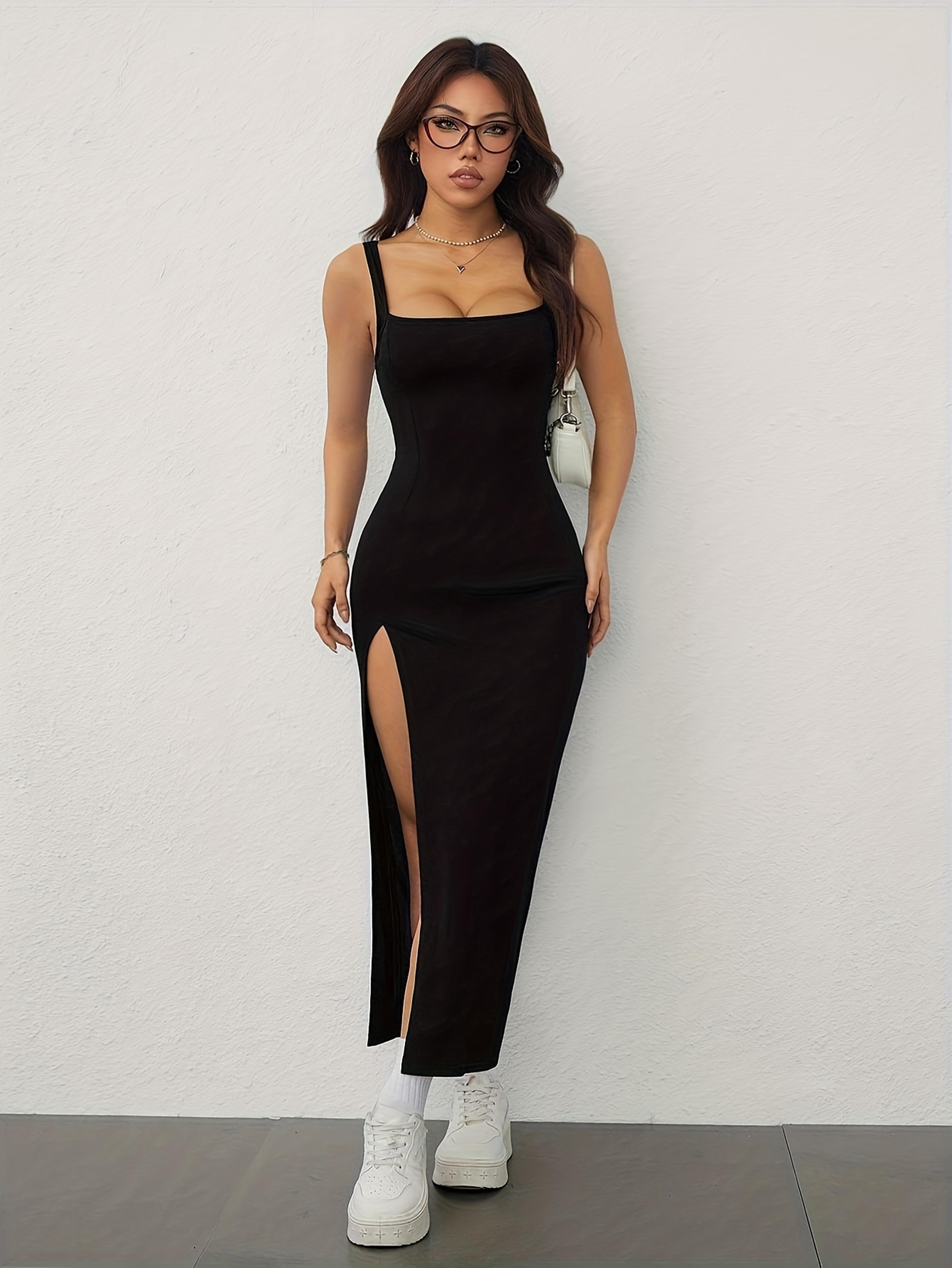 womens offshoulder square neck backless split midi dress elegant summer bodycon strappy dress