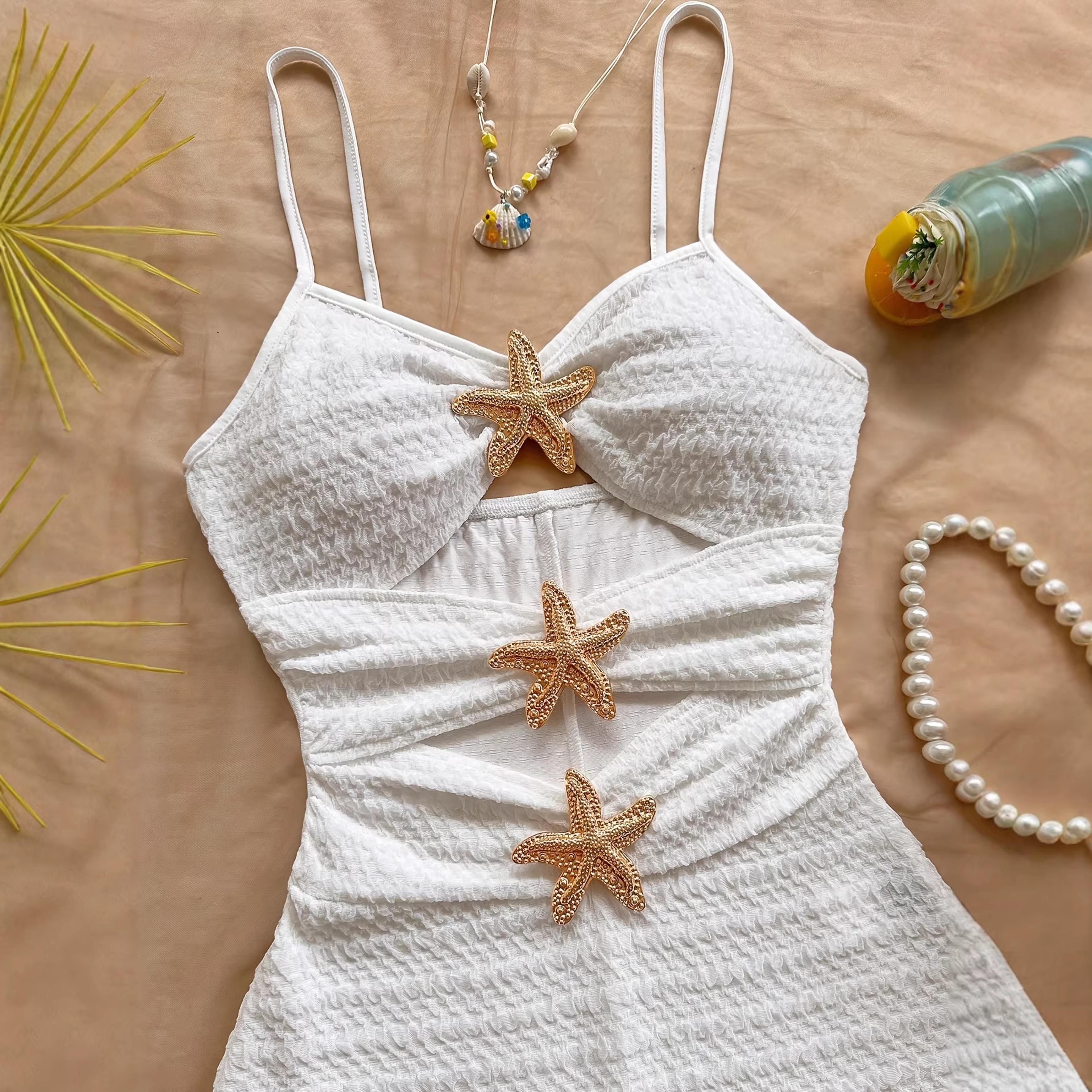 metallic star cutout one piece swimsuit sexy women swimwear solid color bodycon bathing suit