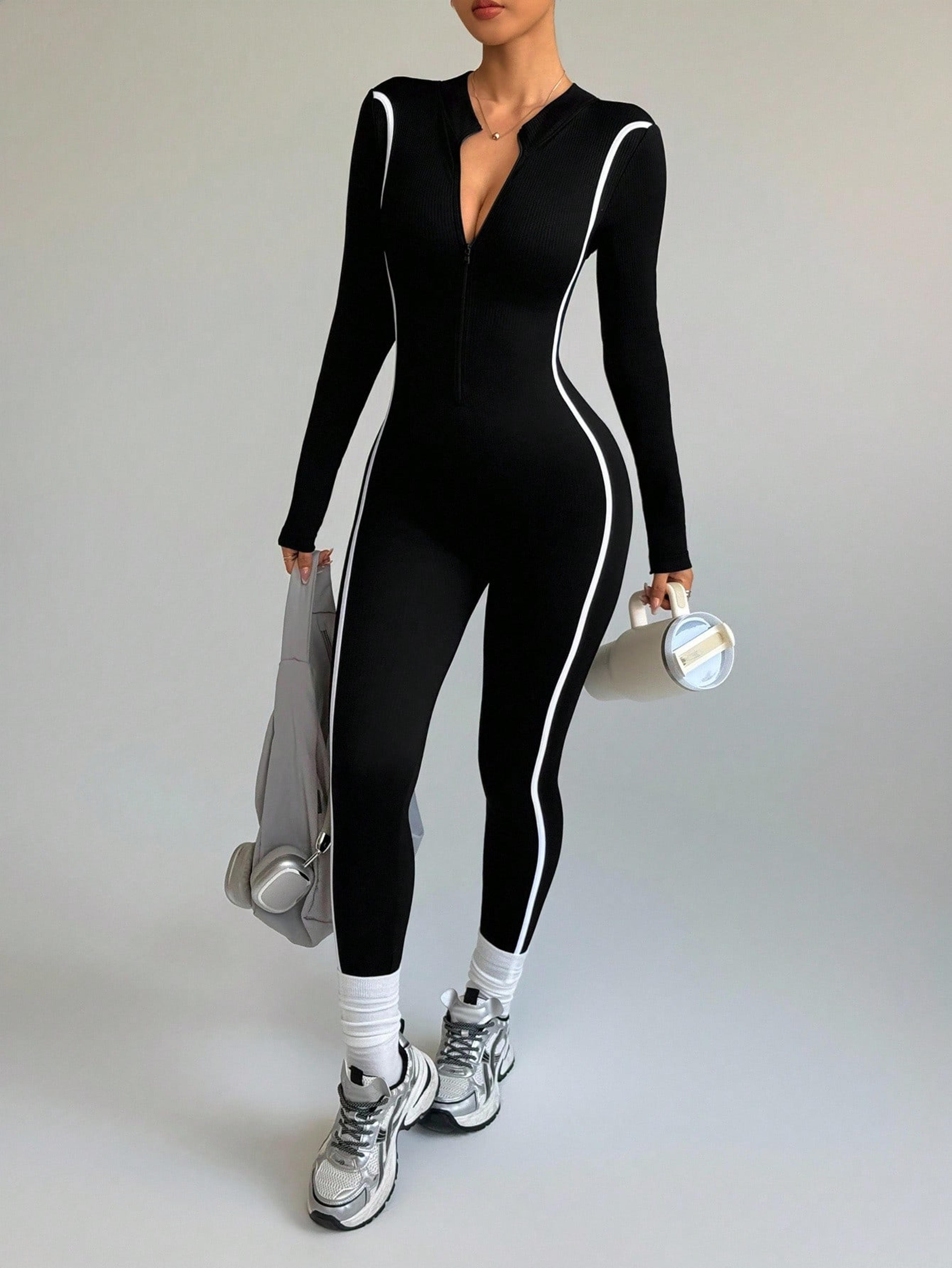 striped color block stand collar yoga bodysuit compression workout jumpsuit women quick dry fitness wear